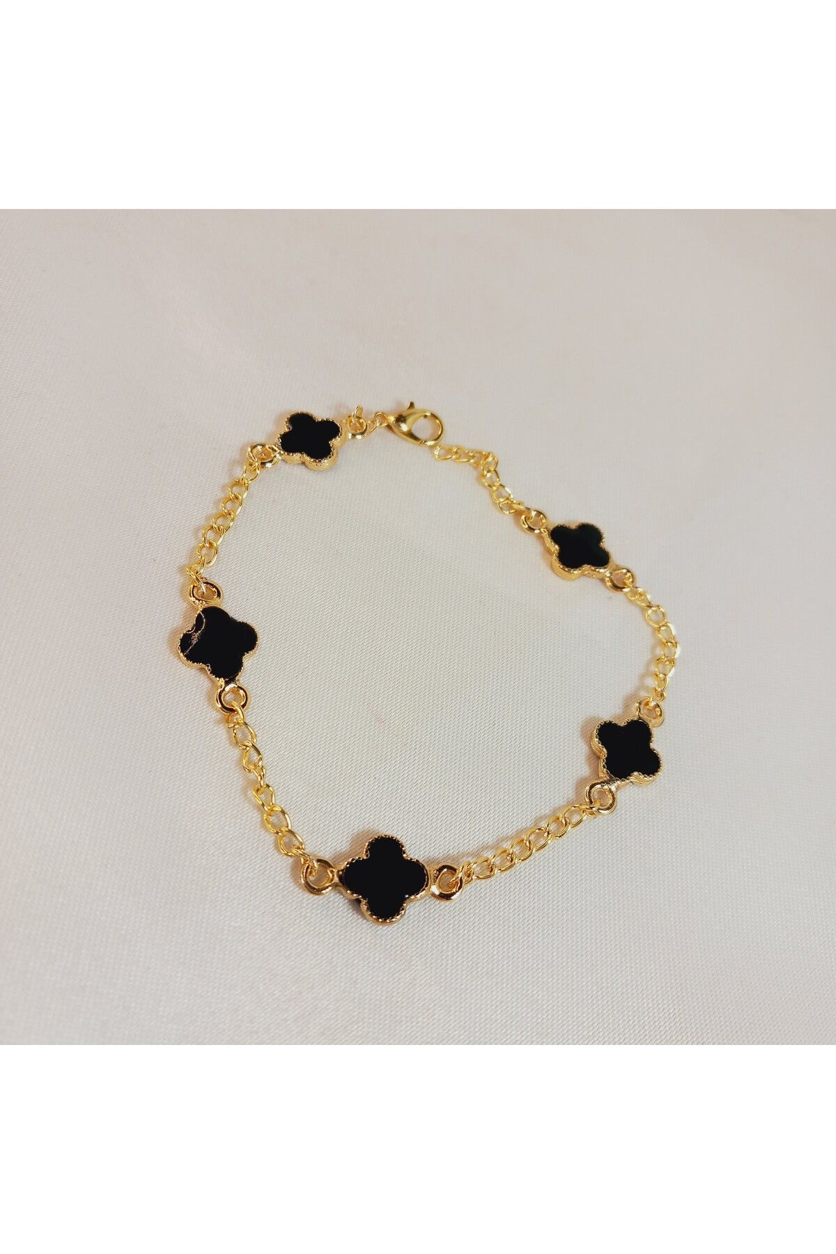 Crystal Atelier Black Clover Van Cleef Altın Kaplama Zincir Siyah Mini Yonca Bileklik-Şık Tasarım Unisex Bileklik