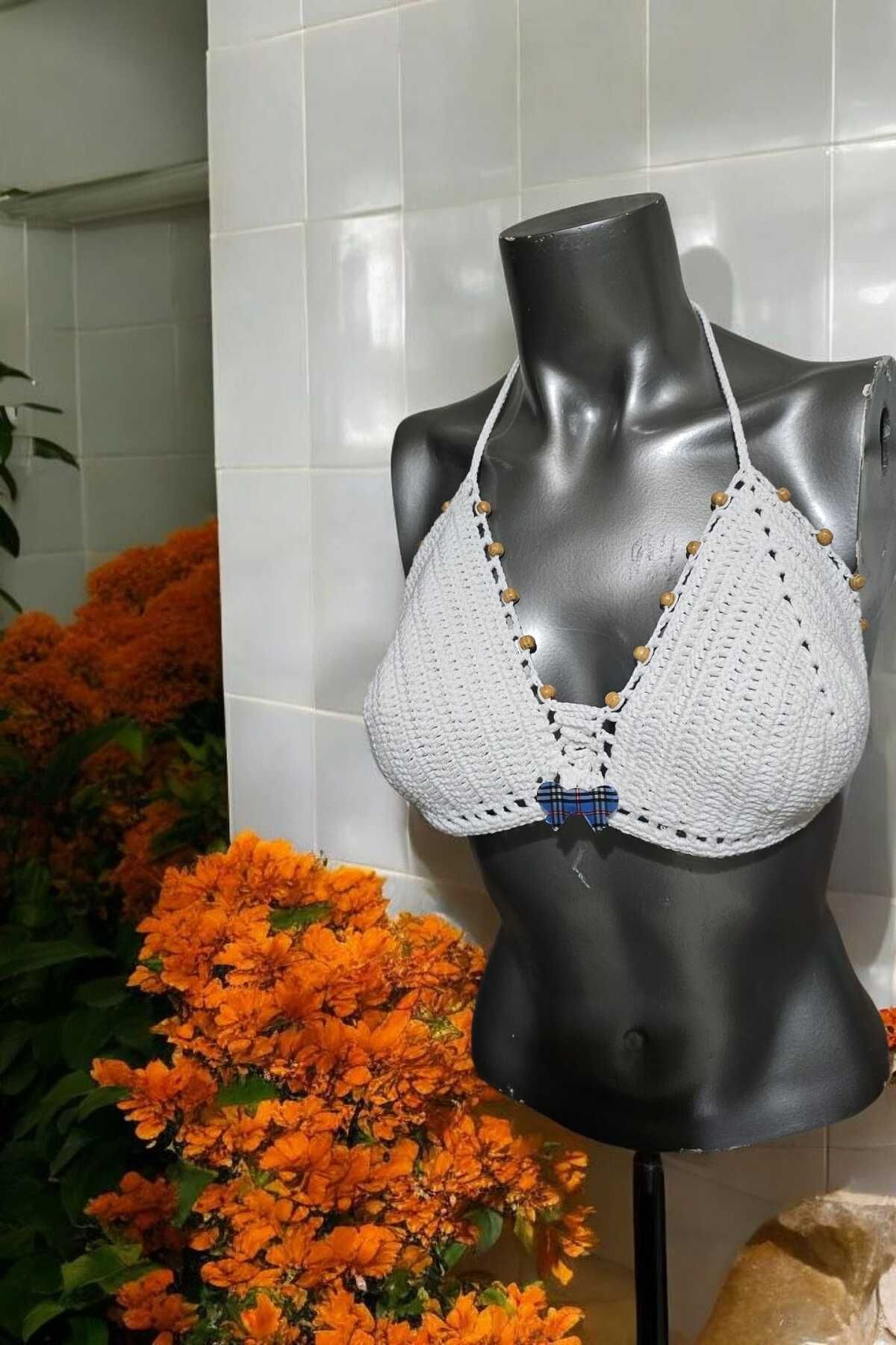 Örgü Sanatı DilekÇak El Örgüsü Ahşap Boncuklu Bikini Üstü