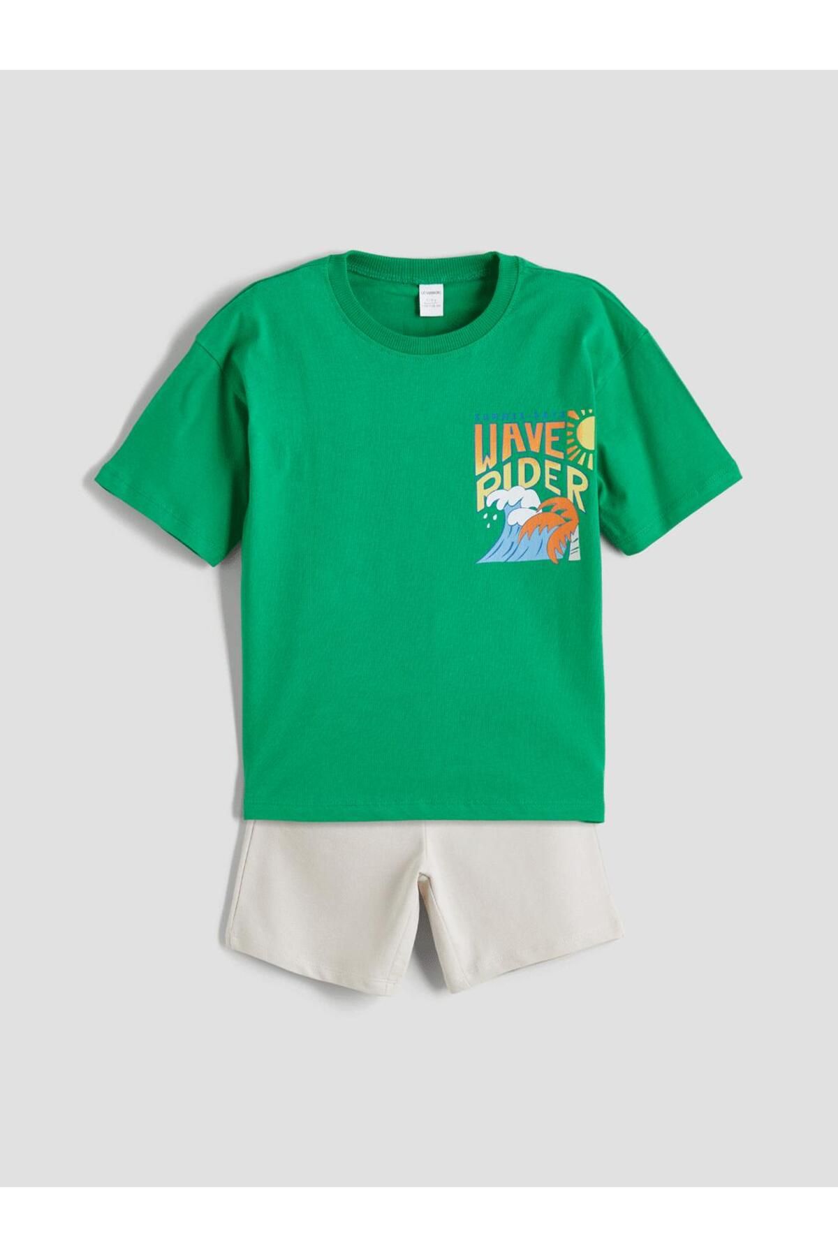 LC Waikiki LCW Kids Yeşil Baskılı Erkek Çocuk Tişört ve Şort 2'li