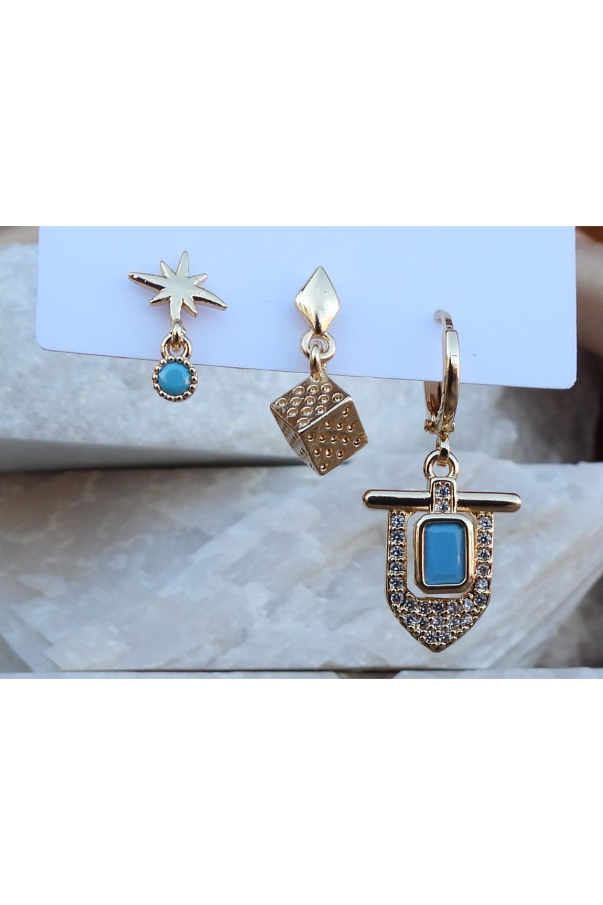 NFS BUTİK Zirkon Taşlı & Minimal 3 lü Set Çelik Küpe