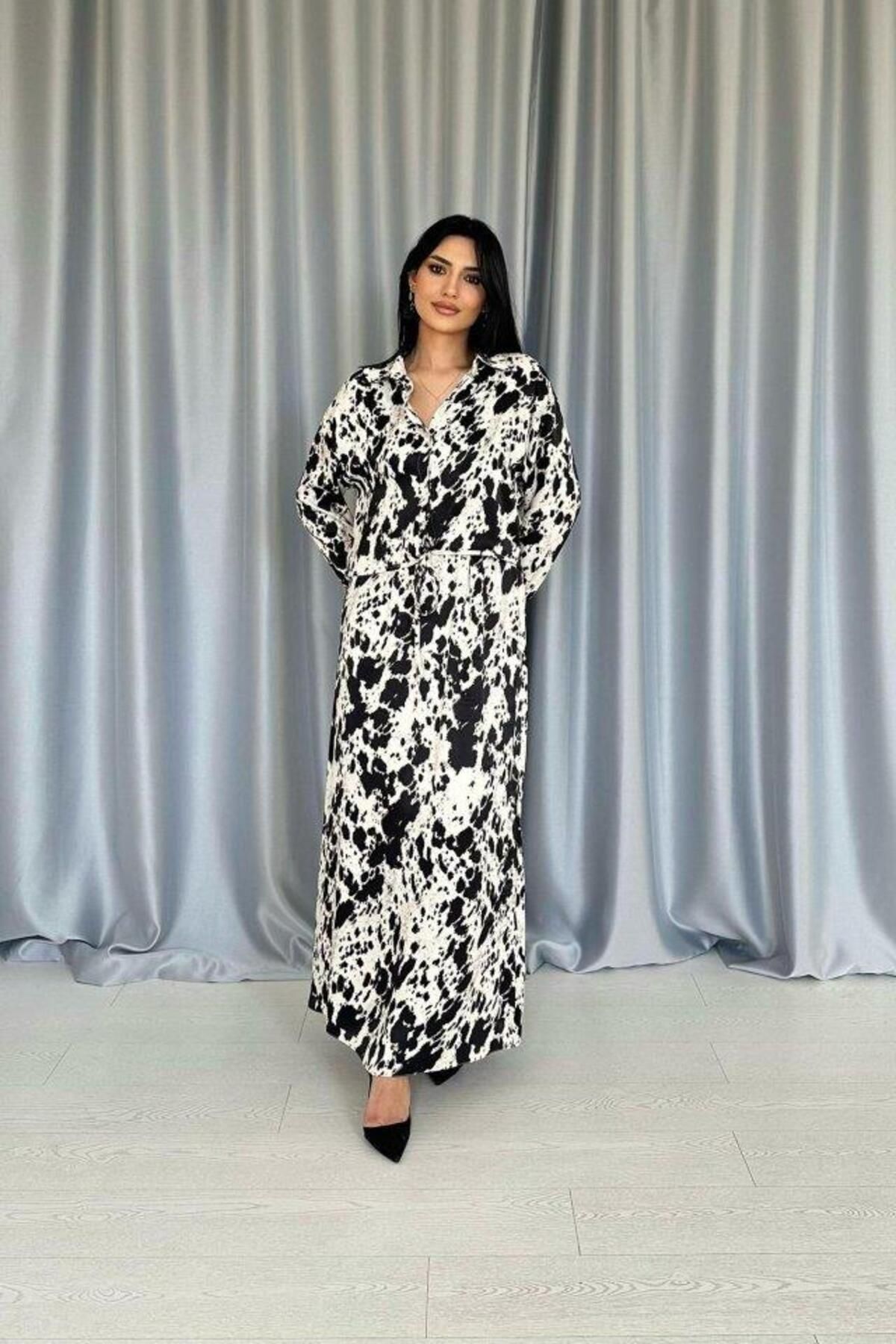 Inciqueen Bej Siyah Desenli Viskon Takım