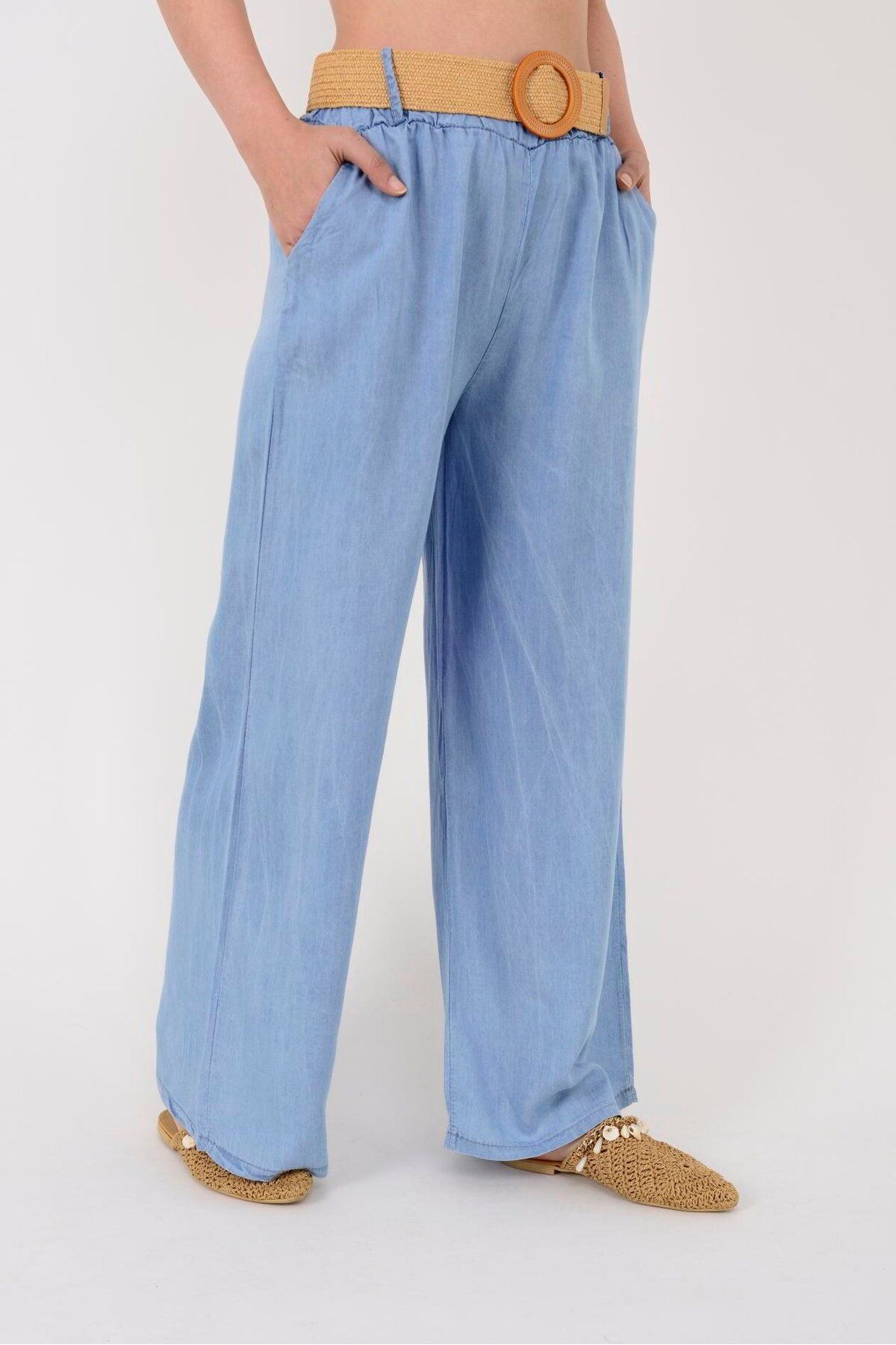 ZTO KADIN İNCE KUMAŞ BOL PAÇA KEMERLİ PANTALON