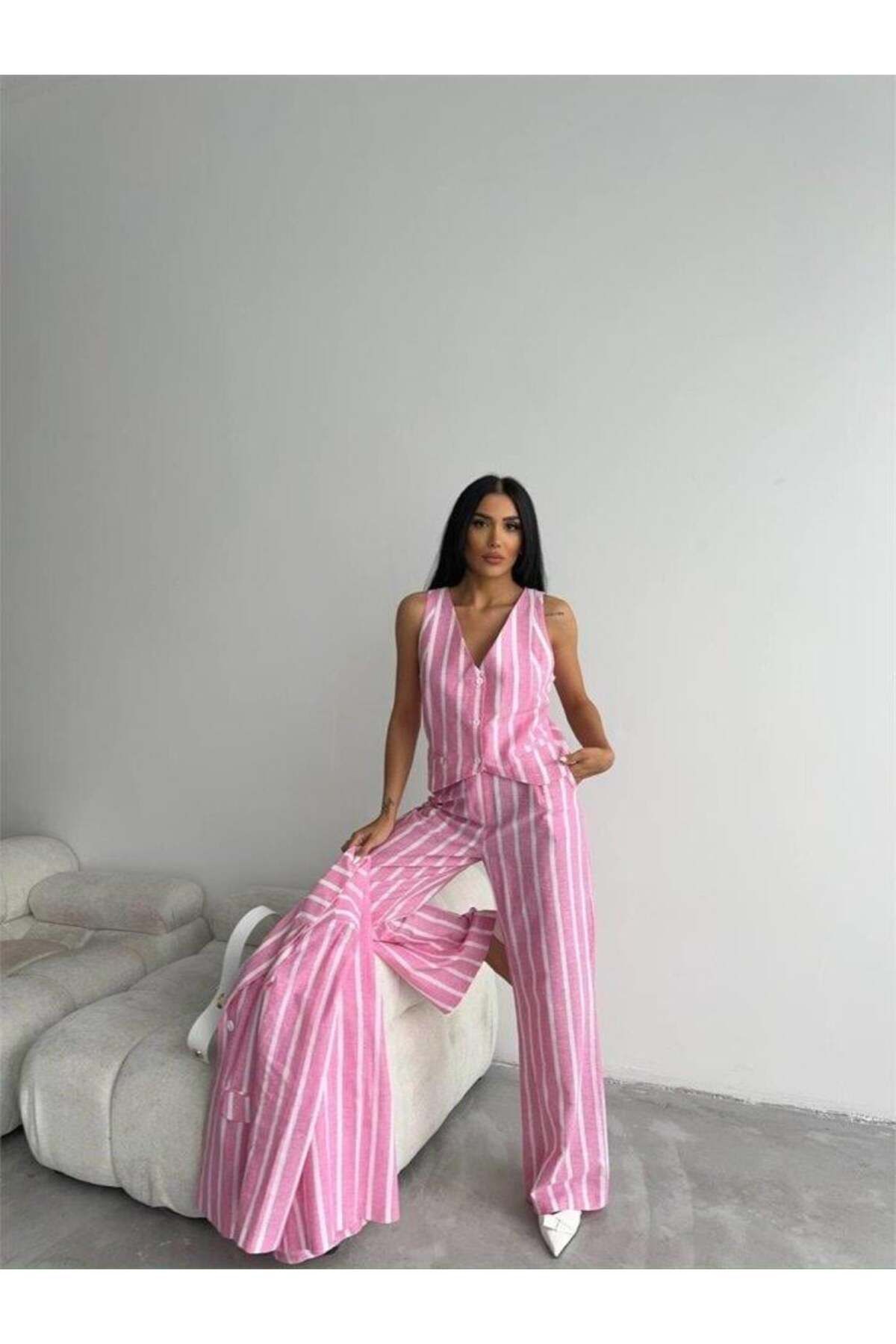 Inciqueen ÇİZGİLİ KETEN YELEK-PANTOLON TAKIM - Pembe