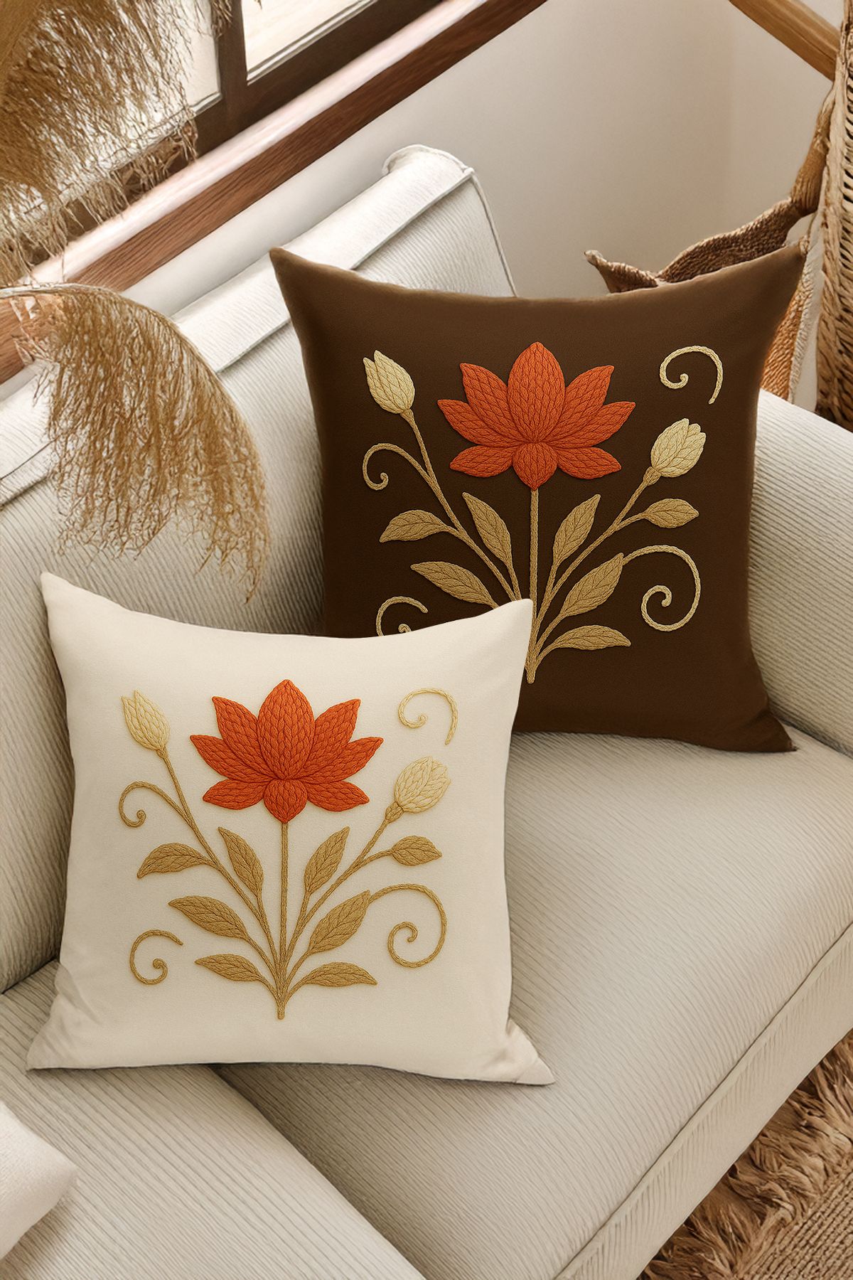 Bertille Home Çift Tarafı Dijital Baskılı 4'lü Kırlent Kılıfı Seti (Panç /Punch Nakış Desen Görünümlü)