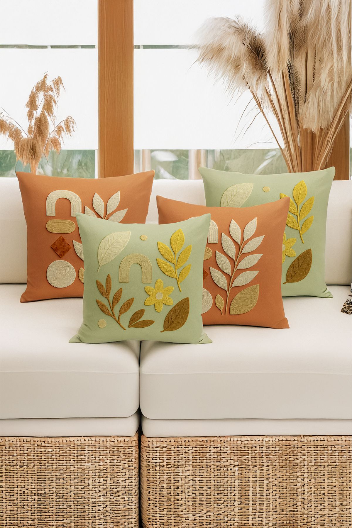 Bertille Home-Double Side Digital Printed Set of 4 Throw Pillow Covers (Punch/Punch Embroidery Pattern Look) 2