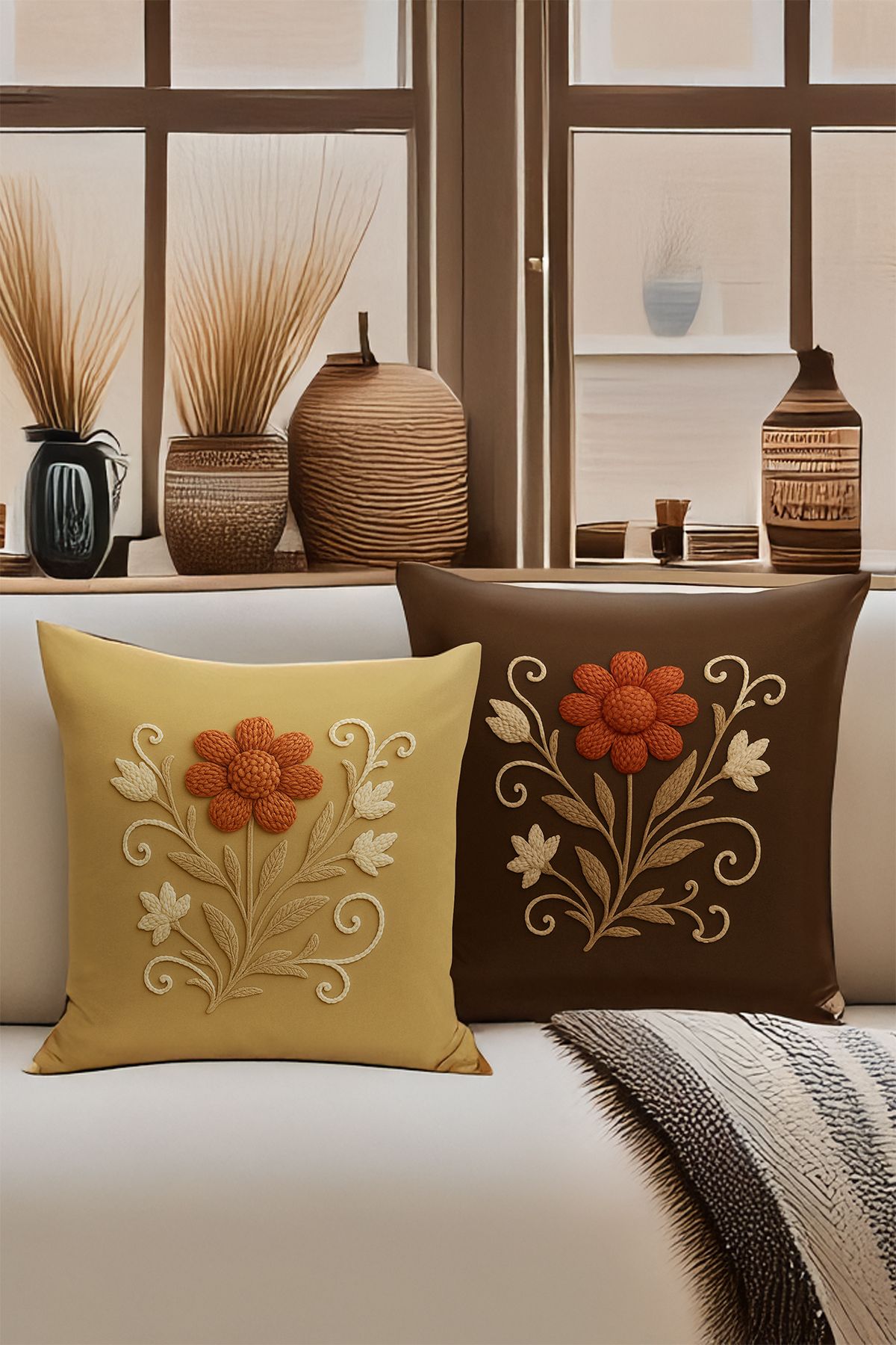 Bertille Home Çift Tarafı Dijital Baskılı 4'lü Kırlent Kılıfı Seti (Panç /Punch Nakış Desen Görünümlü)