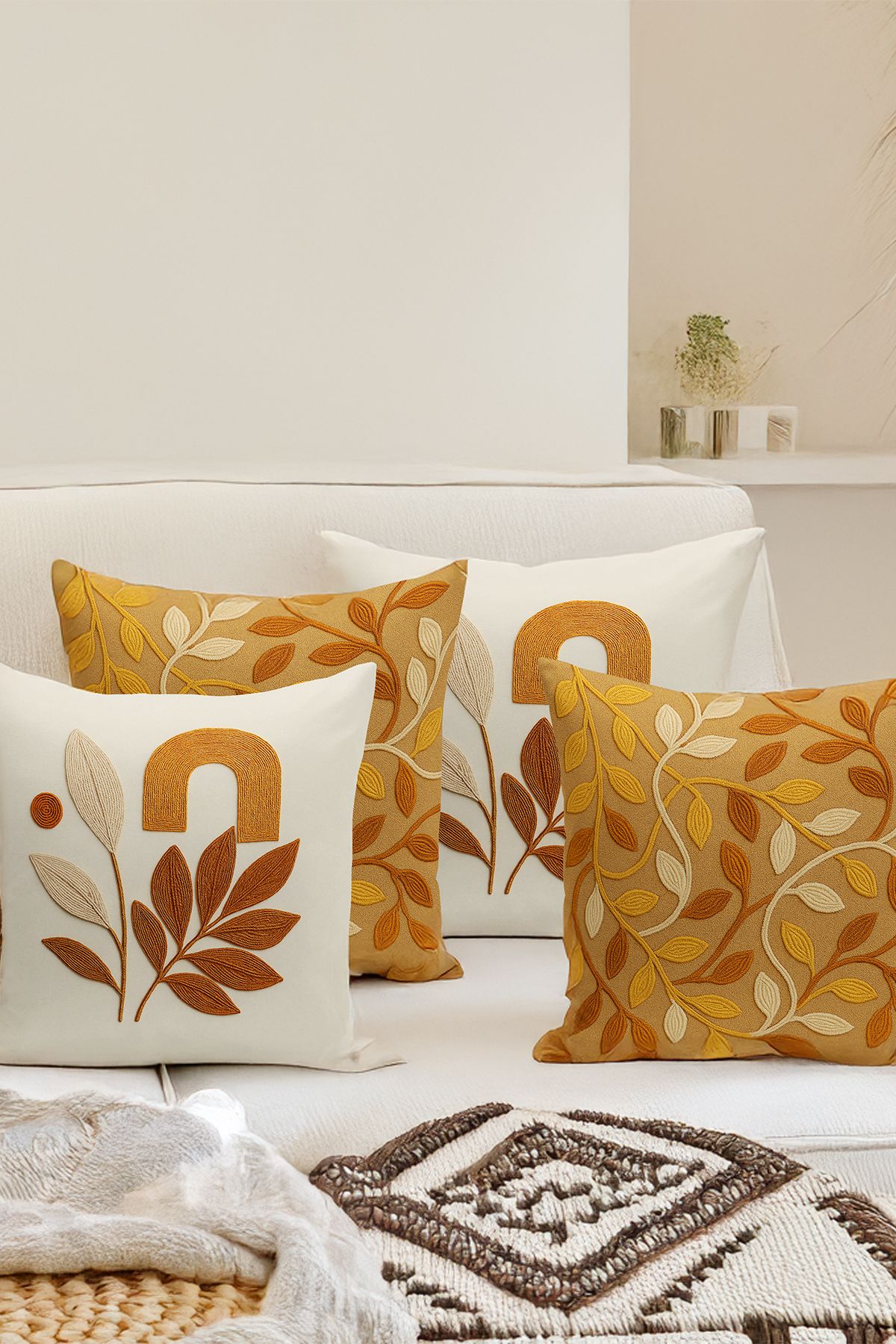 Bertille Home-Double Side Digital Printed Set of 4 Throw Pillow Covers (Punch/Punch Embroidery Pattern Look) 3
