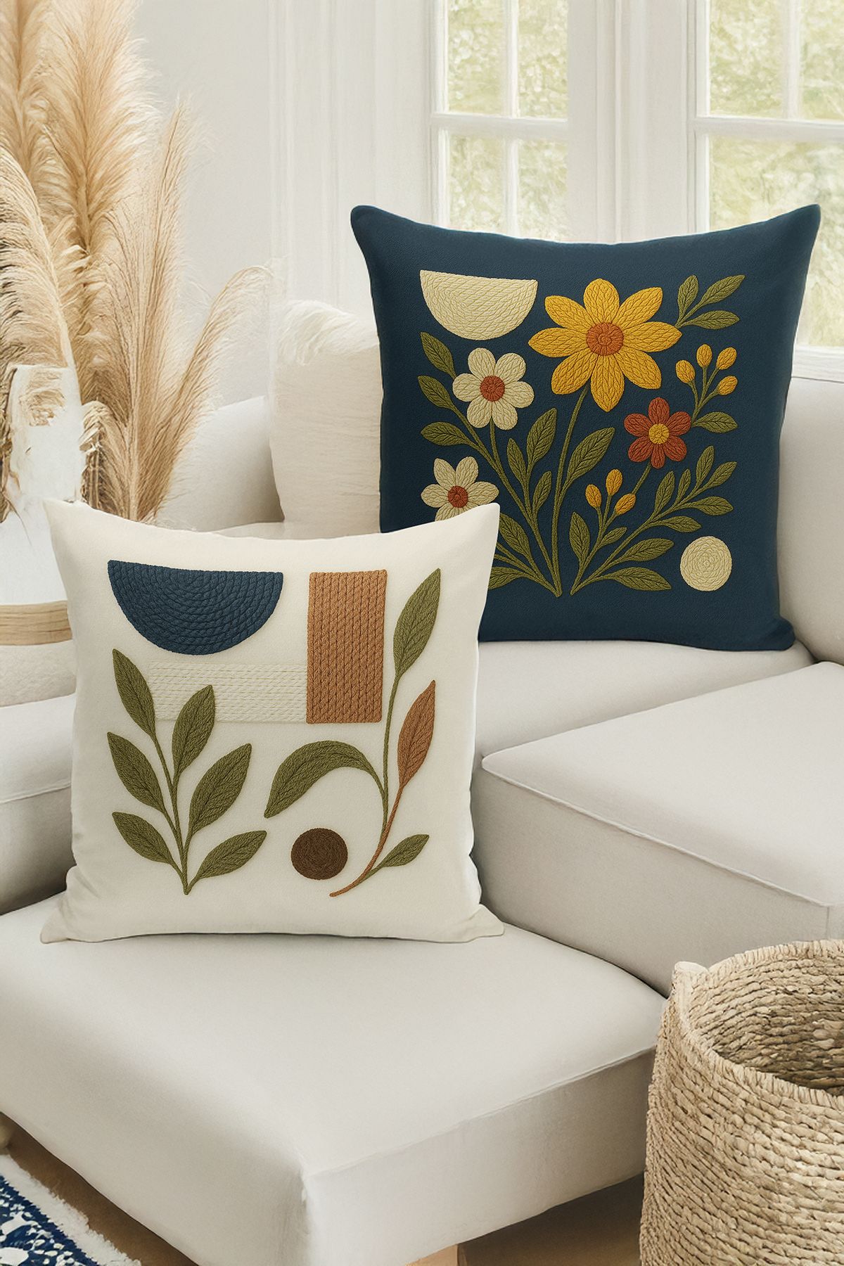Bertille Home Çift Tarafı Dijital Baskılı 4'lü Kırlent Kılıfı Seti (Panç /Punch Nakış Desen Görünümlü)