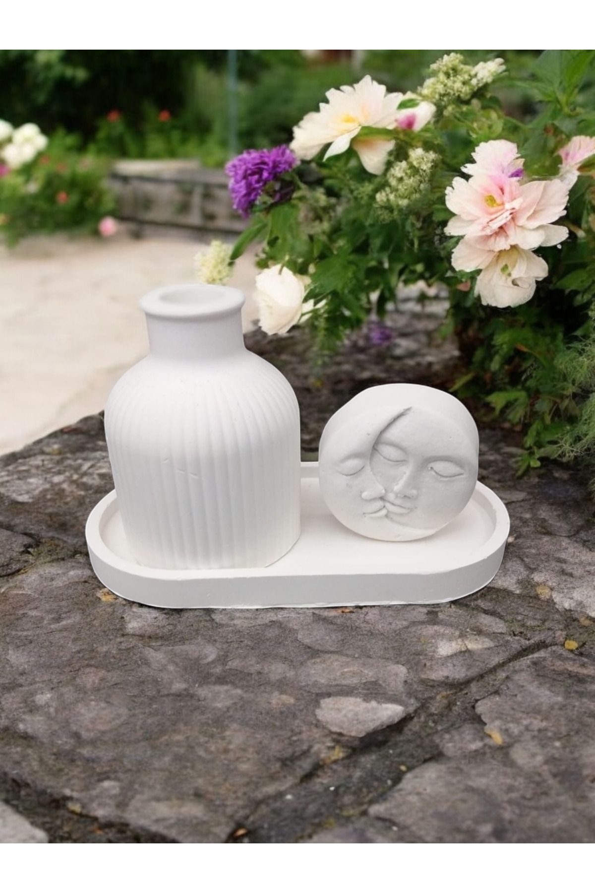 SerenityHaven Dekoratif Tabaklı Vazo, Ay Yüz,Hediyelik Set