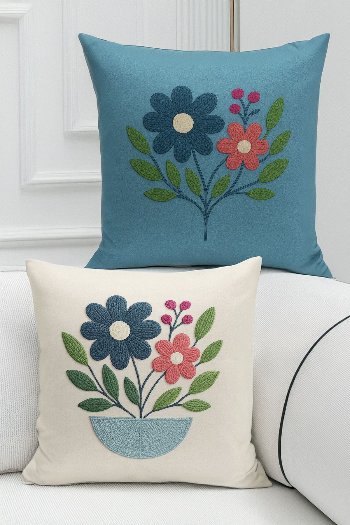 Bertille Home Çift Tarafı Dijital Baskılı 4'lü Kırlent Kılıfı Seti (Panç /Punch Nakış Desen Görünümlü)