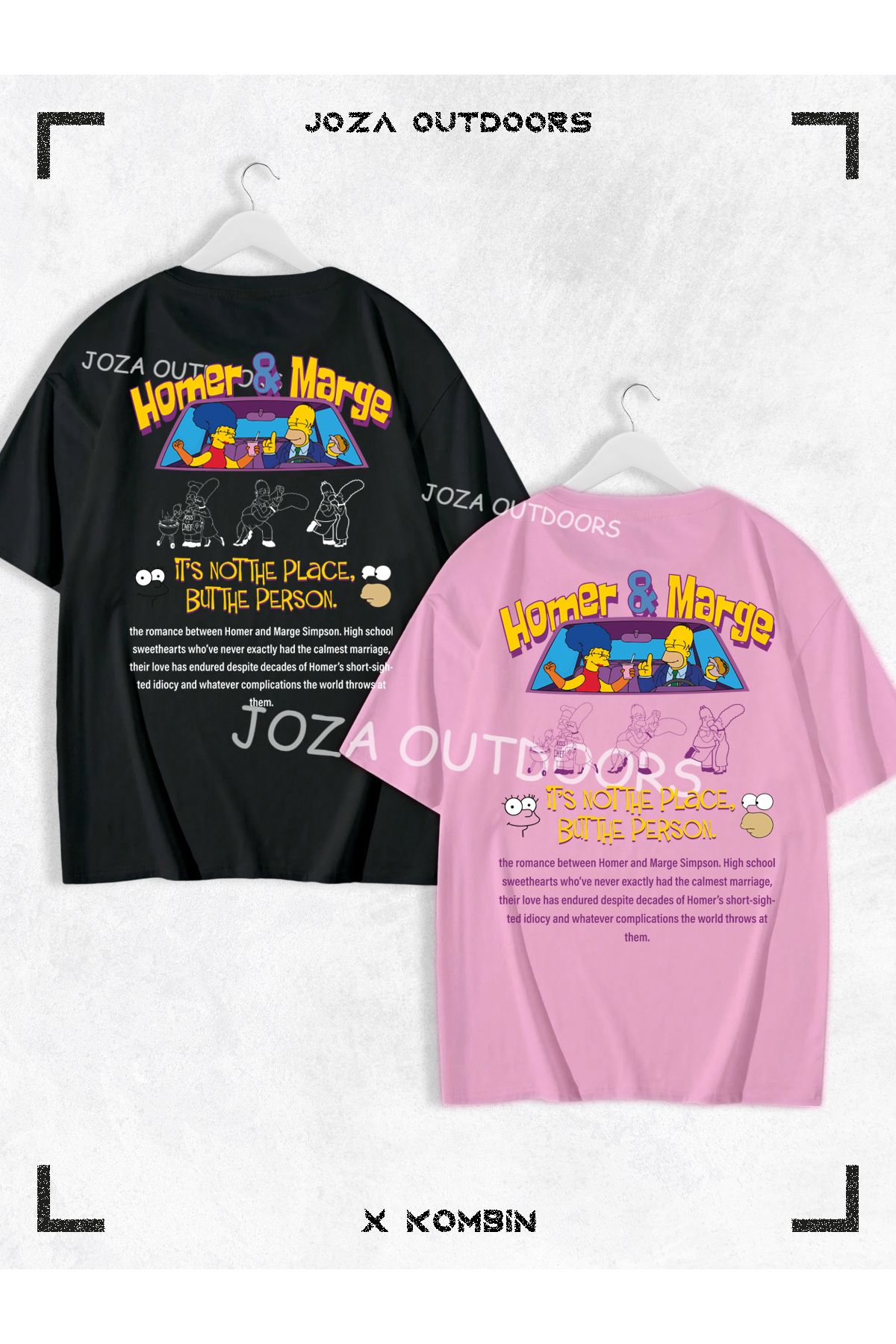 Joza Outdoors Kadın Erkek Simpsonlar Tasarım SIRT Baskılı Sevgili Çift Kombini Oversize Renkli Tshirt 2'li Takım