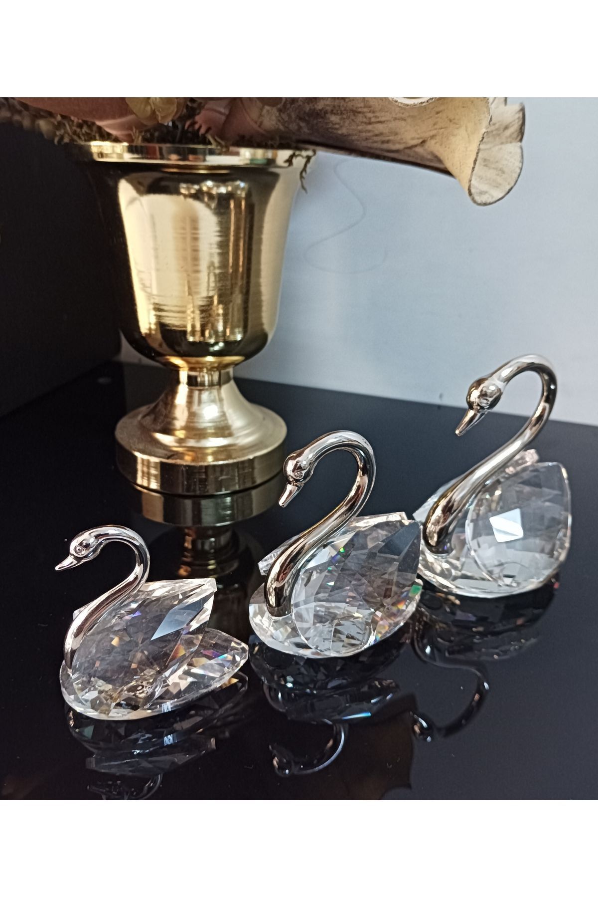 SerenityHaven 3 lü dekoratif kristal kuğu metal kafa