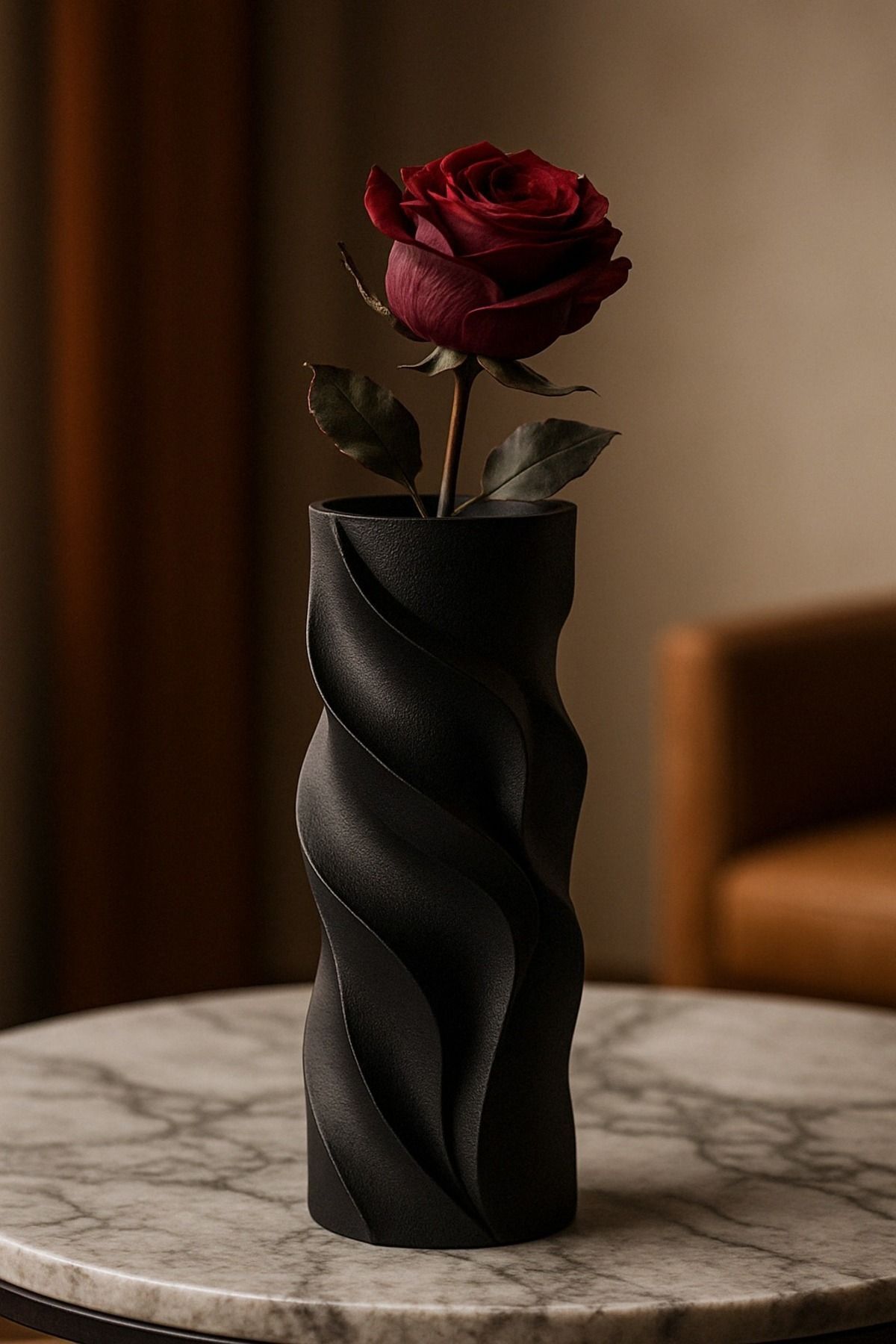 SerenityHaven Siyah Spiral Modern Dekoratif Vazo - 3D Tasarım Kabartmalı Minimalist Ev Aksesuar