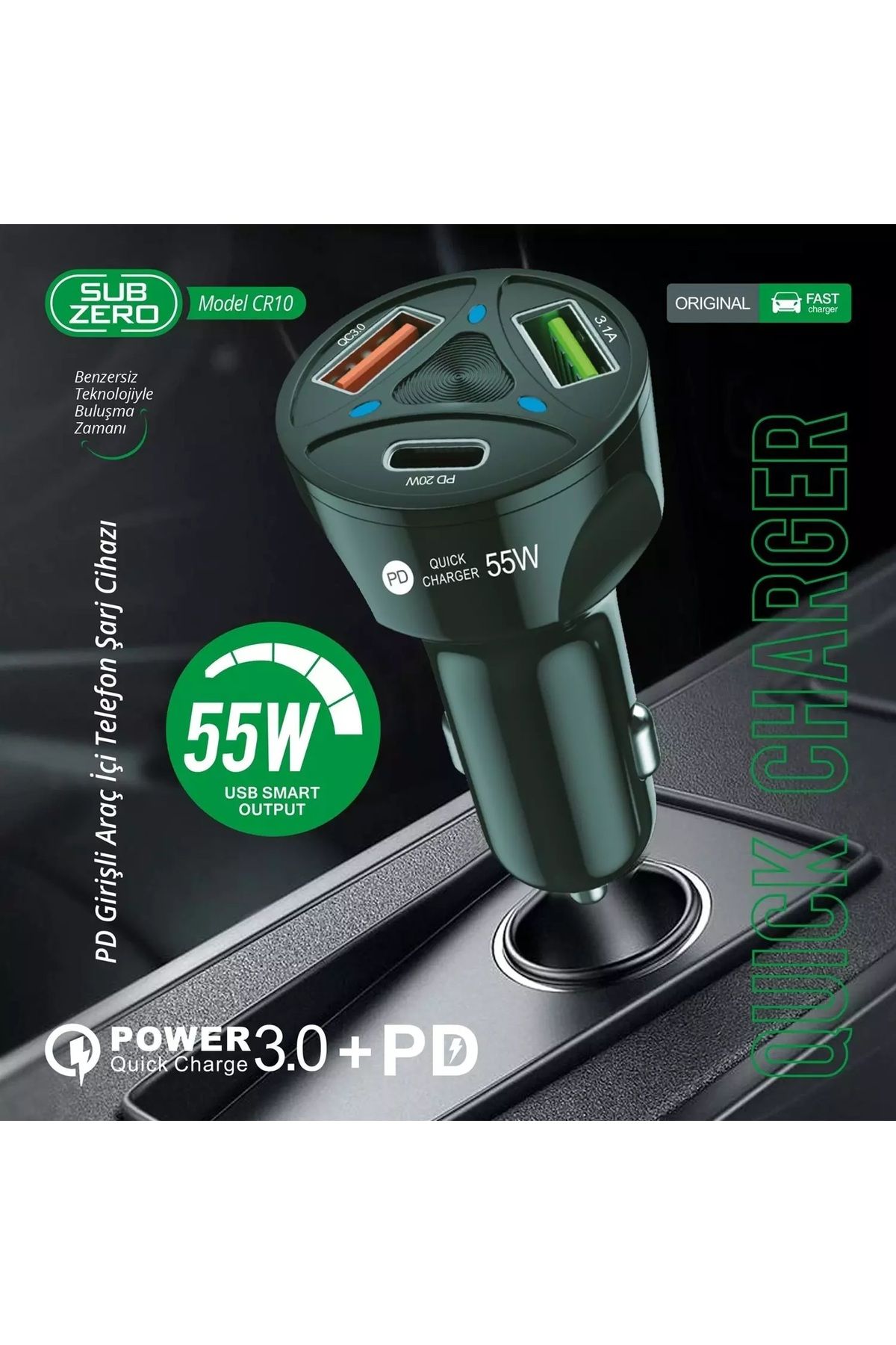 Alışveriş Express CR10 55W 3.1A USB+USB+PD QC 3.0 Hızlı Araç Şarj Cihazı
