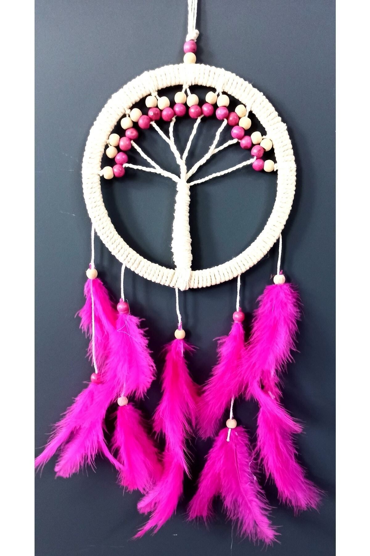SerenityHaven Fuşya Kuş Tüylü Hayat Ağacı Dream Catcher Duvar Süsü - El Yapımı Renkli Dekor