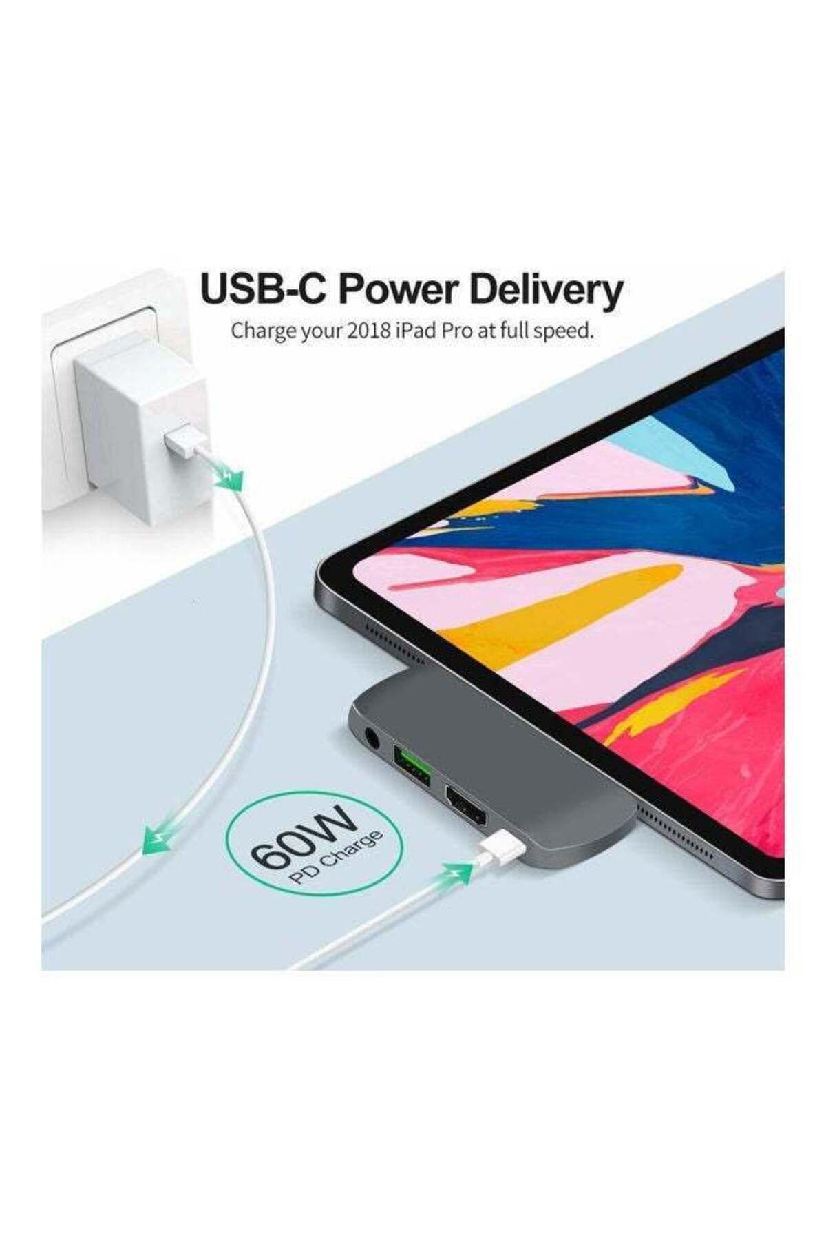 Saharaz-4-in-1 USB-C Hub Adapter, Portable, USB-C Power Delivery, Supports Two-Way Charging, Gray 3