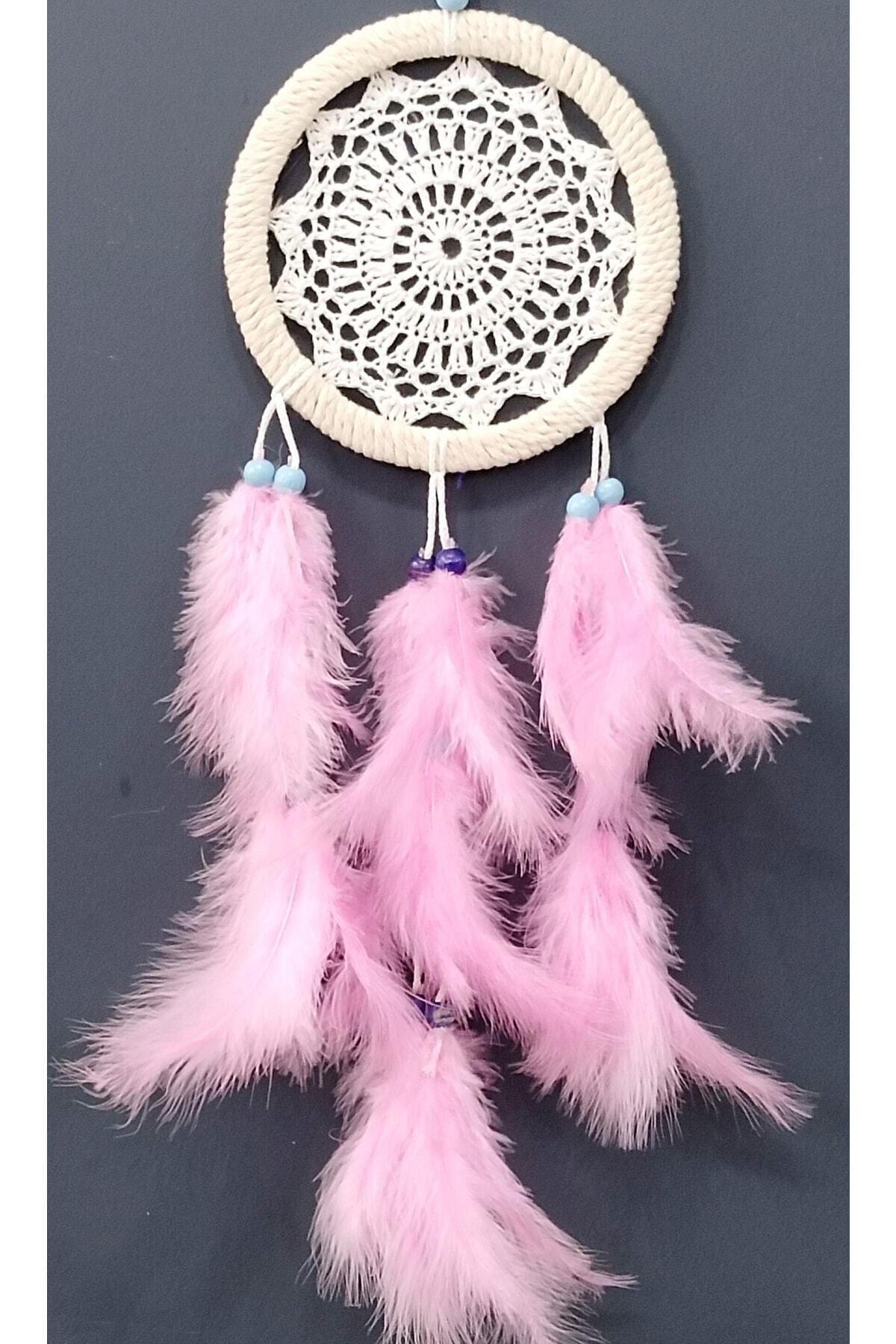 SerenityHaven Pembe Kuş Tüylü Dream Catcher El Yapımı Rüya Kapanı Duvar Süsü - Krem Renkli Dekor