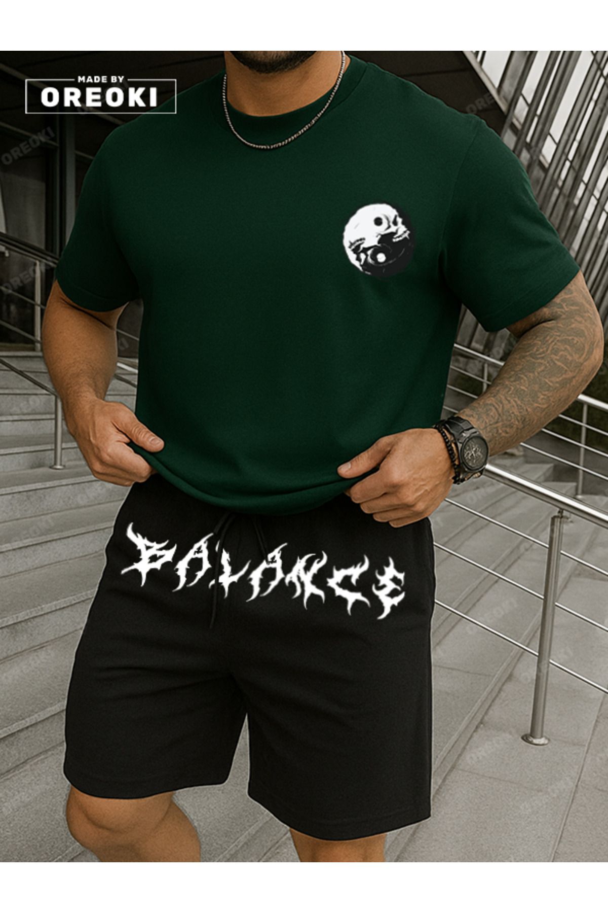EFFRENATU Denge Baskılı Pamuklu Kumaş Erkek Orman Yeşili T-shirt-Siyah Şort Takım