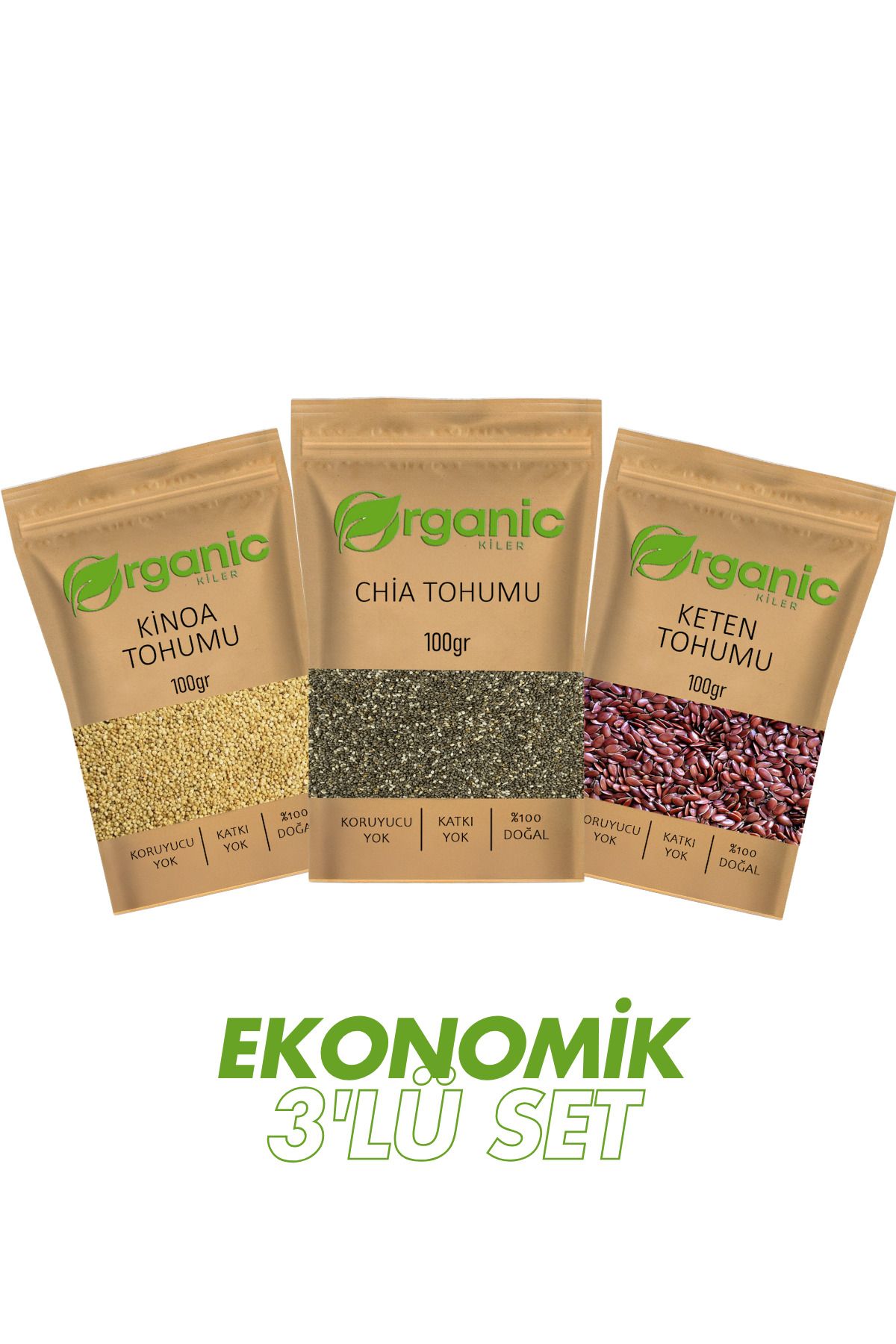Organic Kiler 3'Lü Set Chia Tohumu , Keten Tohumu , Kinoa Tohumu Organik & Katkısız