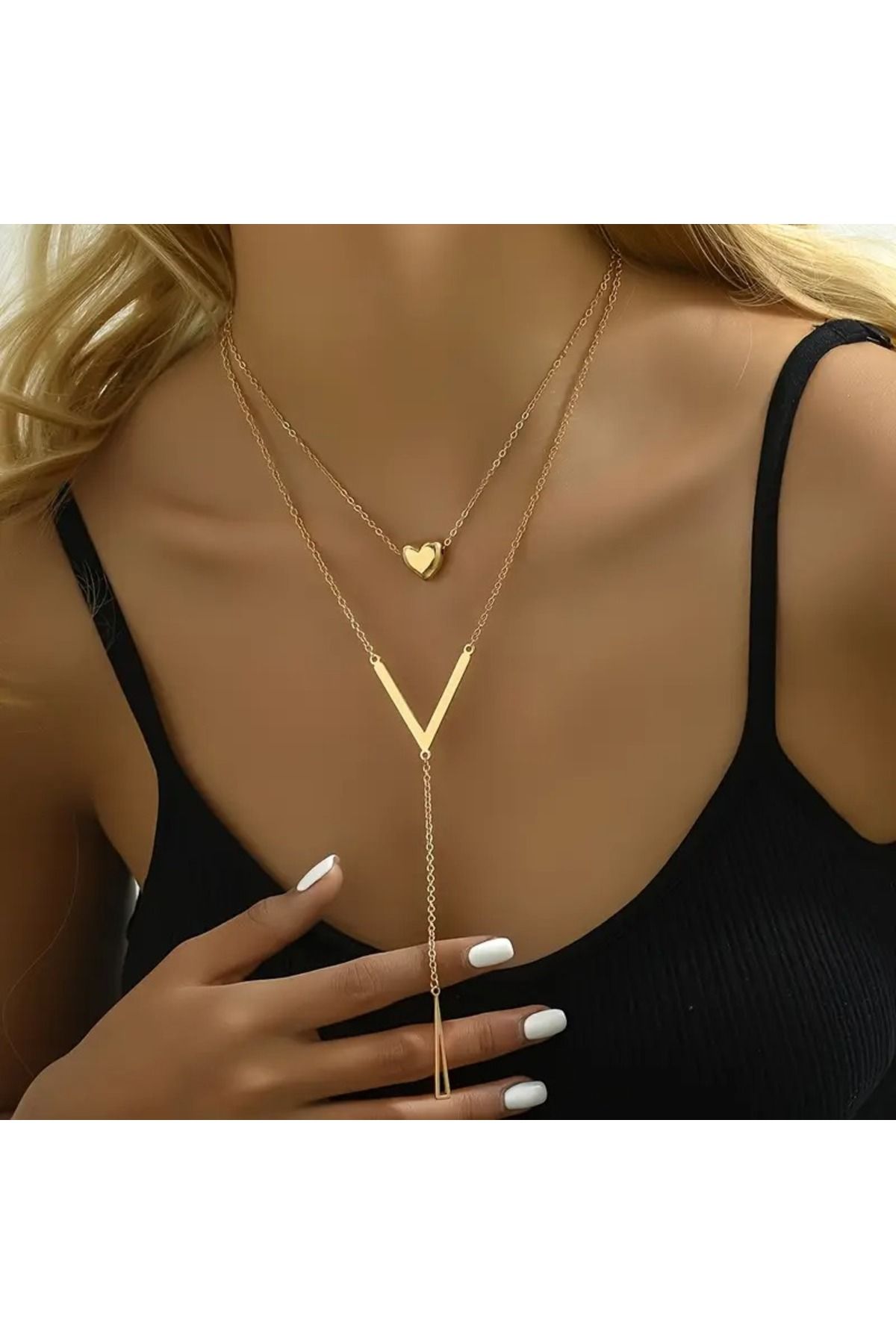 Feron accessories Altın Kaplama Çift Katlı Kalp Ve V Figürlü Kadın Kolye