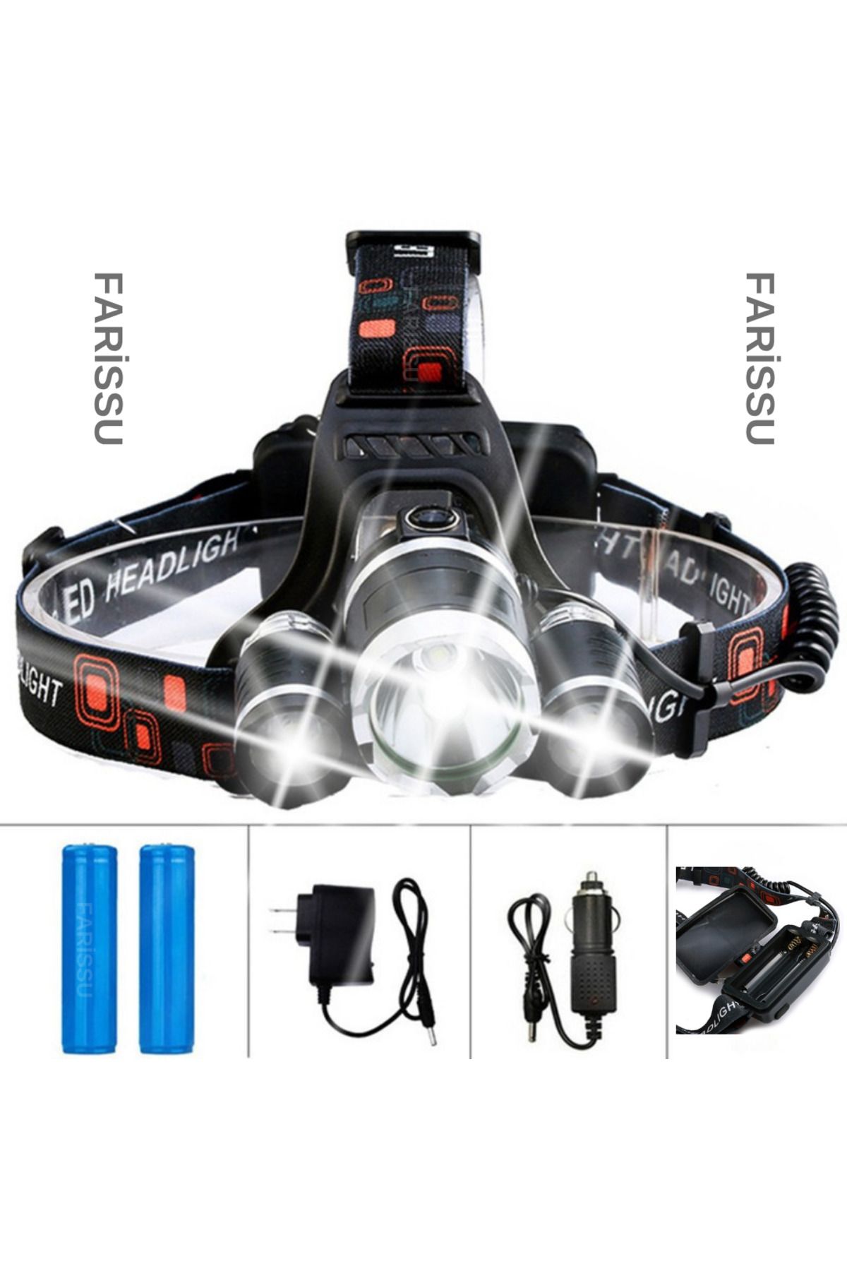 farissu 3xT6 Şarjlı Kafa Feneri | 3 LED | 6800mAh 2 Adet 18650 Pil | Su Geçirmez | Araba & Prizden Şarj
