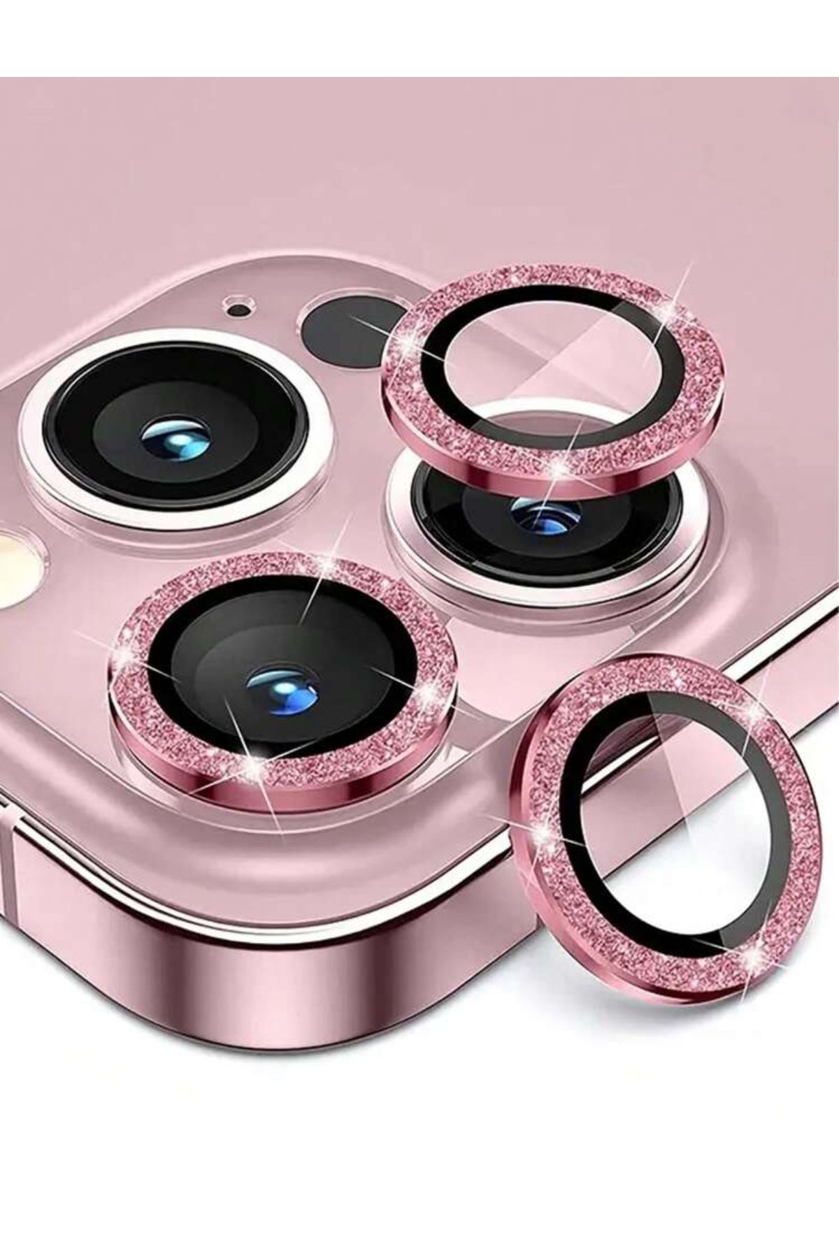 La Saade İthal İphone 16 Pro Üçlü Pembe Simli Mercek Lens Kamera Koruyucu