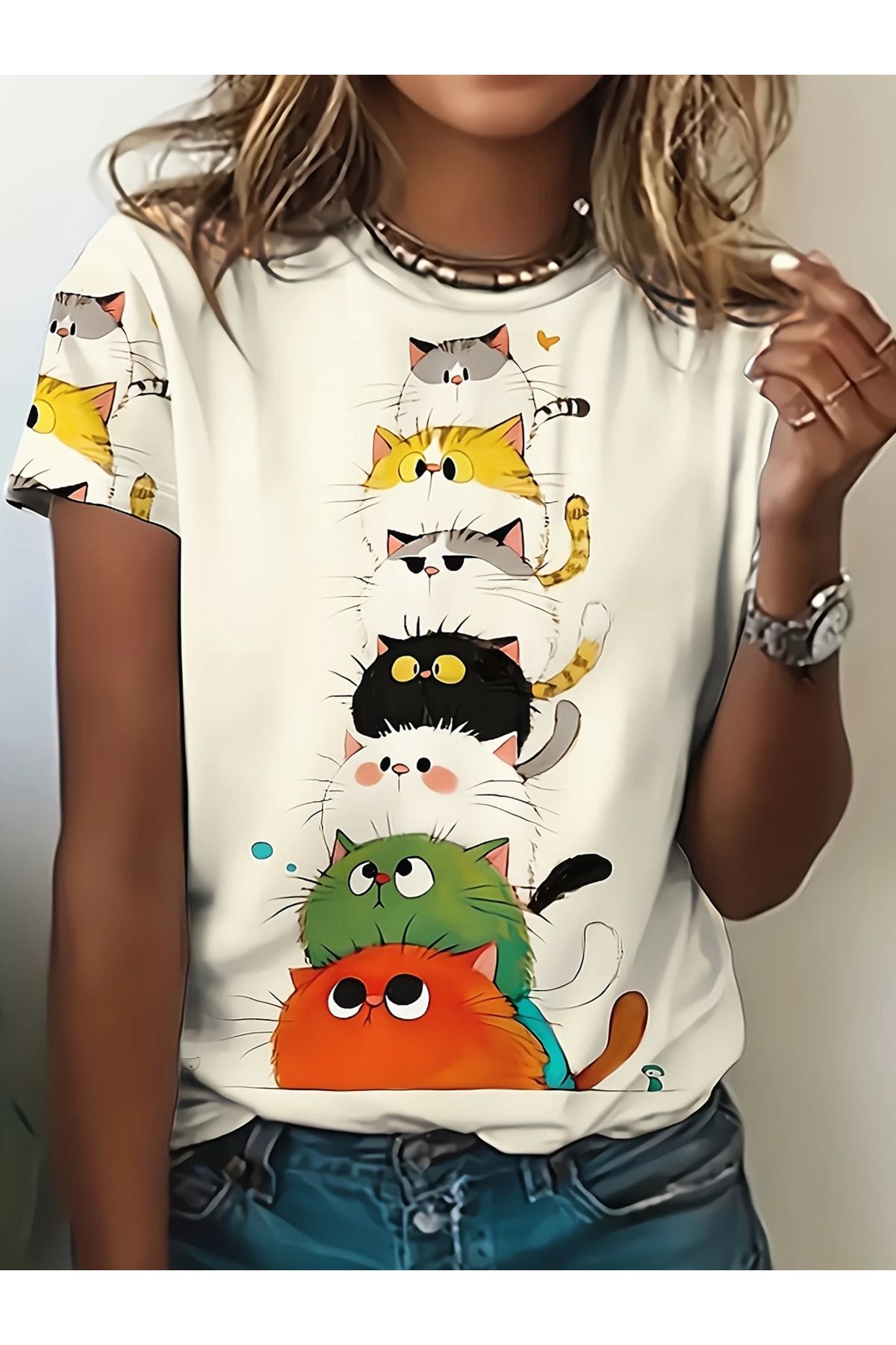 aynewmoda Kadın Klasik Karikatür Kedi Baskılı Tişört - Yumuşak polyester karışımı, kısa kollu, yuvarlak yaka