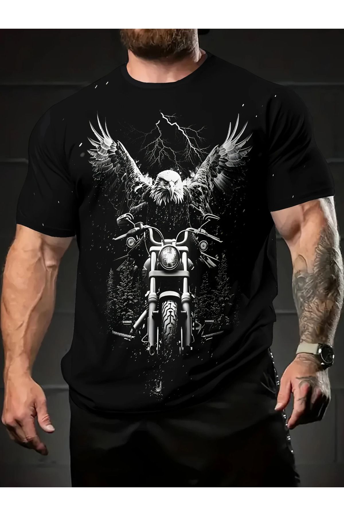 LUNAVISTA Erkek Günlük Kartal Motosiklet Baskılı Tişört - Siyah Polyester, Kısa Kollu, Yuvarlak Yaka,