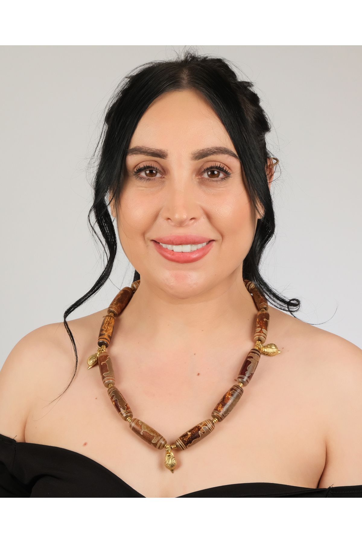 polimooi Tibet Akik & Bronz Deniz Kabuğu Uçlu Statement Kolye