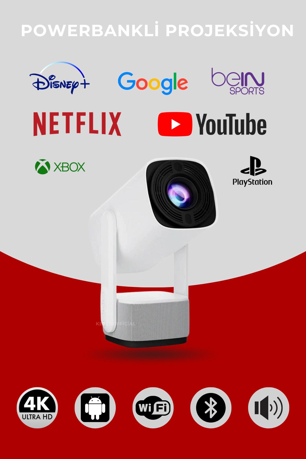KETENOFFİCİAL Taşınabilir Powerbankli Kablosuz Android Projeksiyon 4K Full Hd Rgb Işıklı Sinema Projektör Kamp