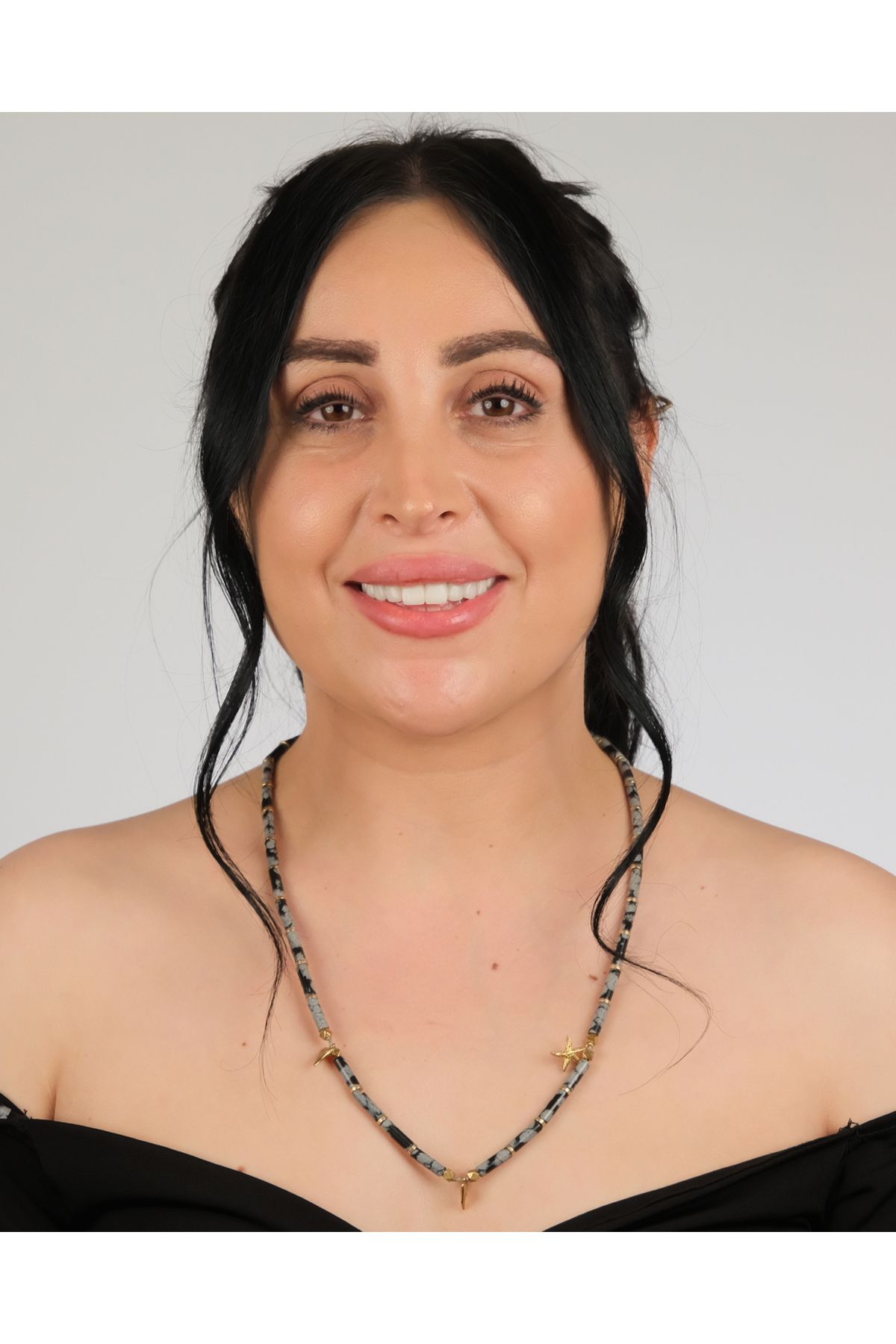 polimooi Kar Tanesi Obsidyen & Bronz Deniz Yıldızı Charm Kolye