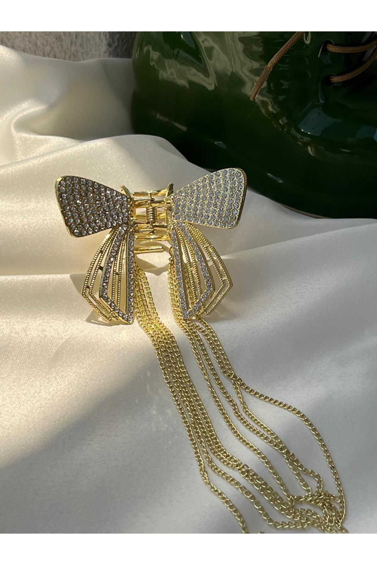 HANIMELİ HOME BUJİTERİ SALLANTILI TAŞLI KELEBEK KISTIRMALI GOLD RENK TOKA