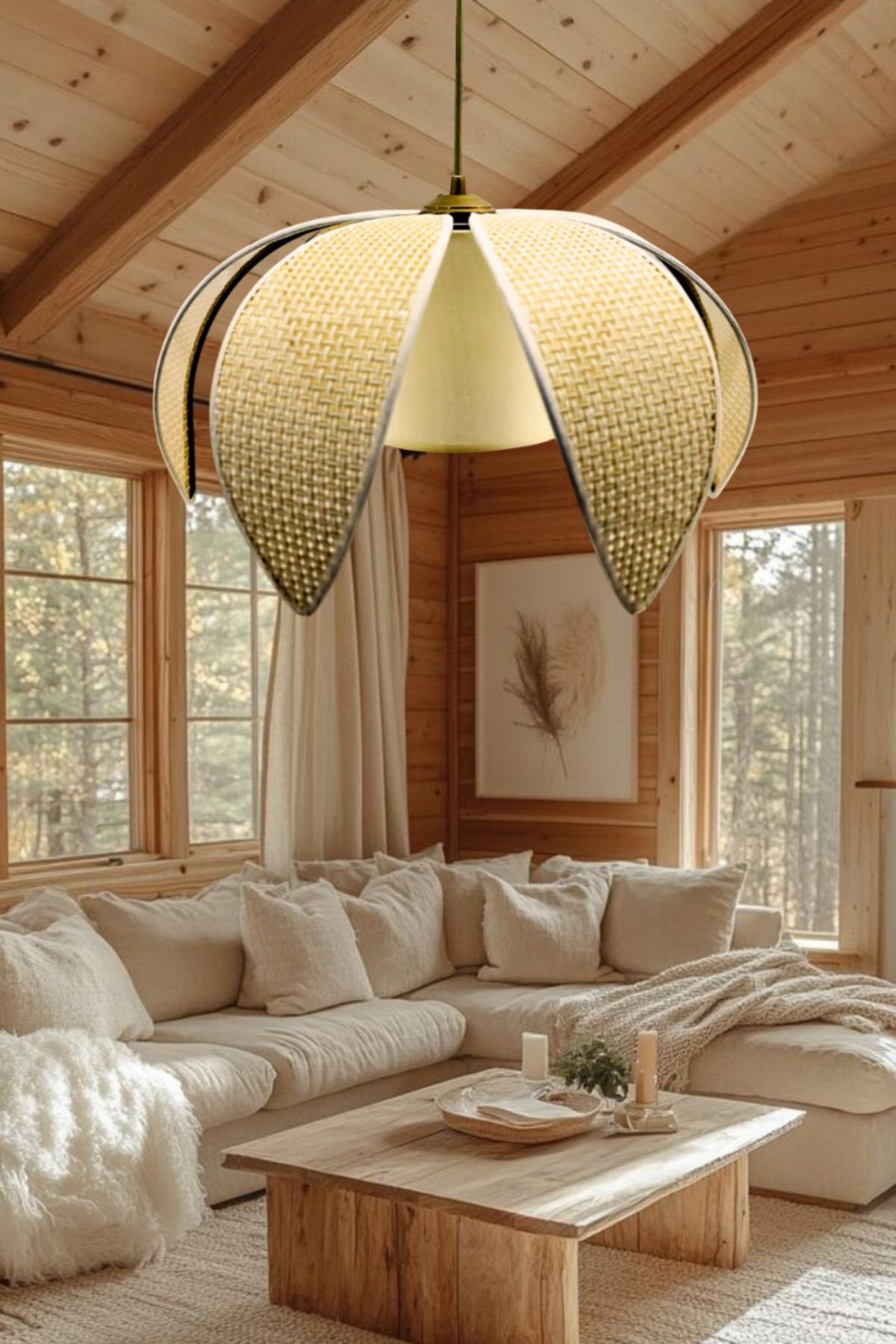 Decodelight Hasır Hazeran Rattan Palmiye Model Bohem Salon Oturma Odası Hol Cafe Restaurant Tekli Sarkıt Avize