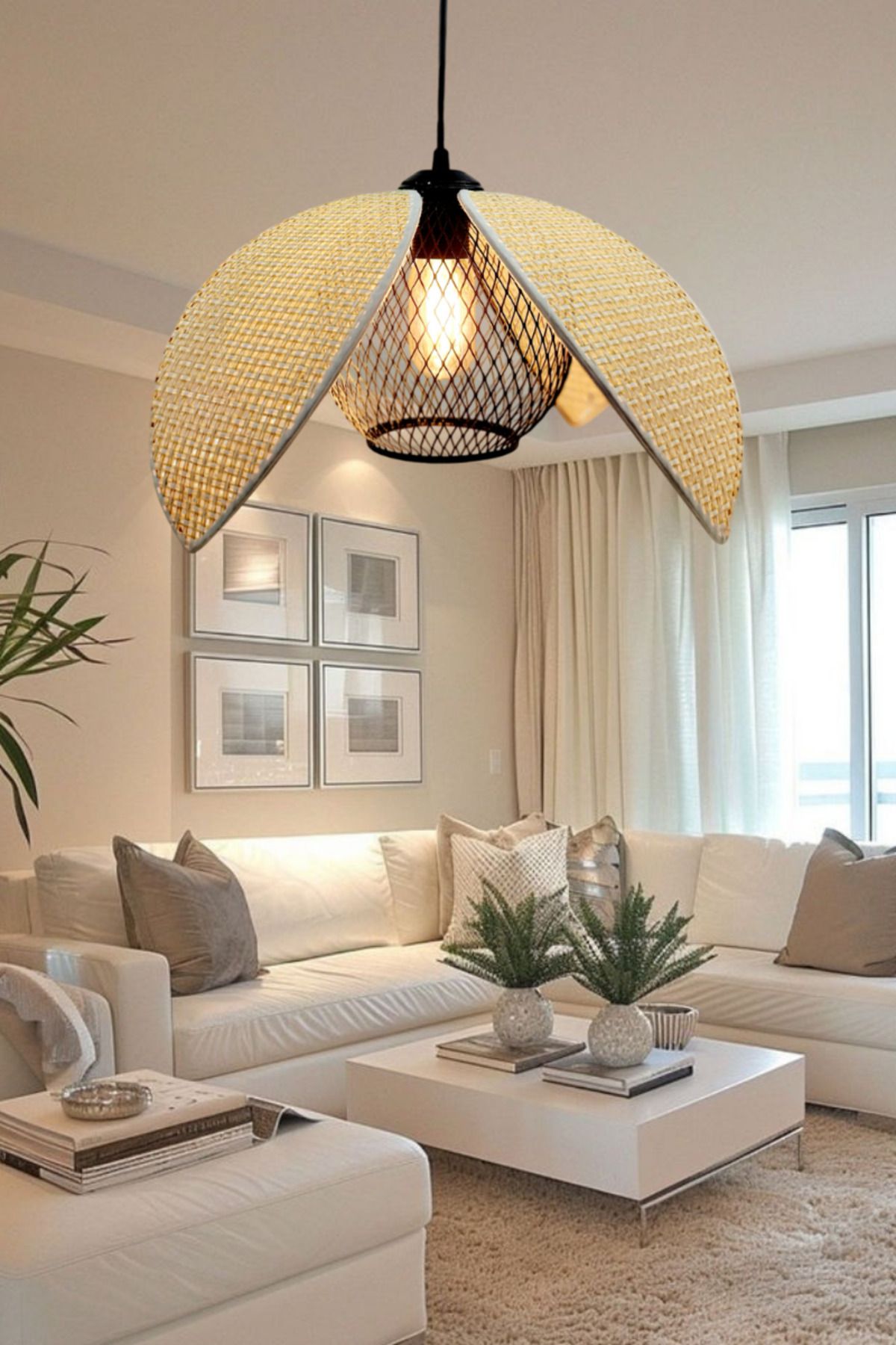 Decodelight Hasır Hazeran Rattan Palmiye Model Bohem Salon Oturma Odası Hol Cafe Restaurant Tekli Sarkıt Avize