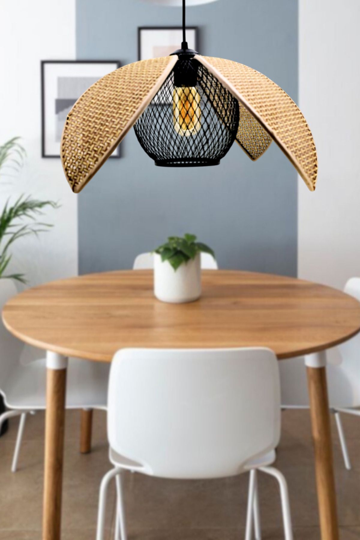 Decodelight Hasır Hazeran Rattan Palmiye Model Bohem Salon Oturma Odası Hol Cafe Restaurant Tekli Sarkıt Avize