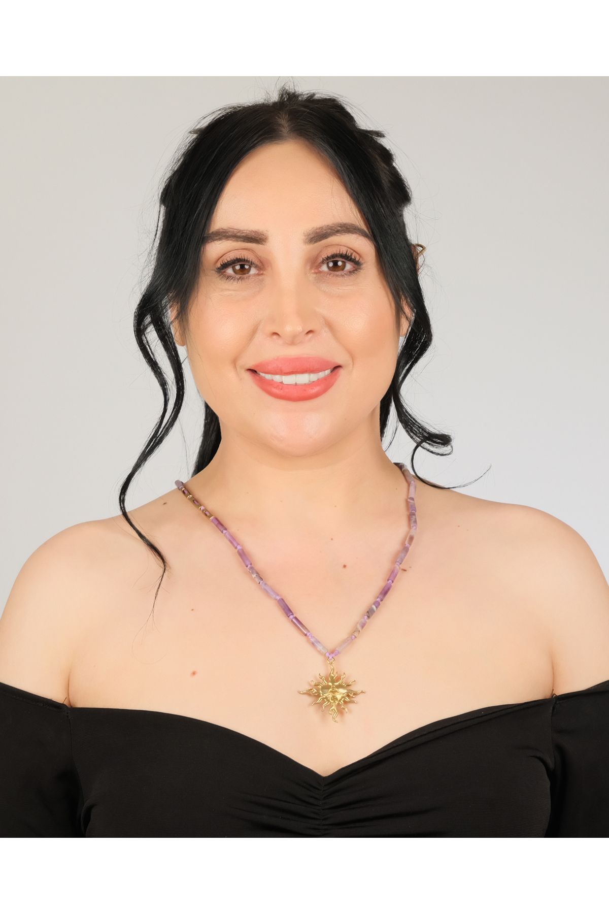 polimooi El Yapımı Ametist Silindir Boncuklu Bronz Güneş Kolye – Boho Vintage Statement
