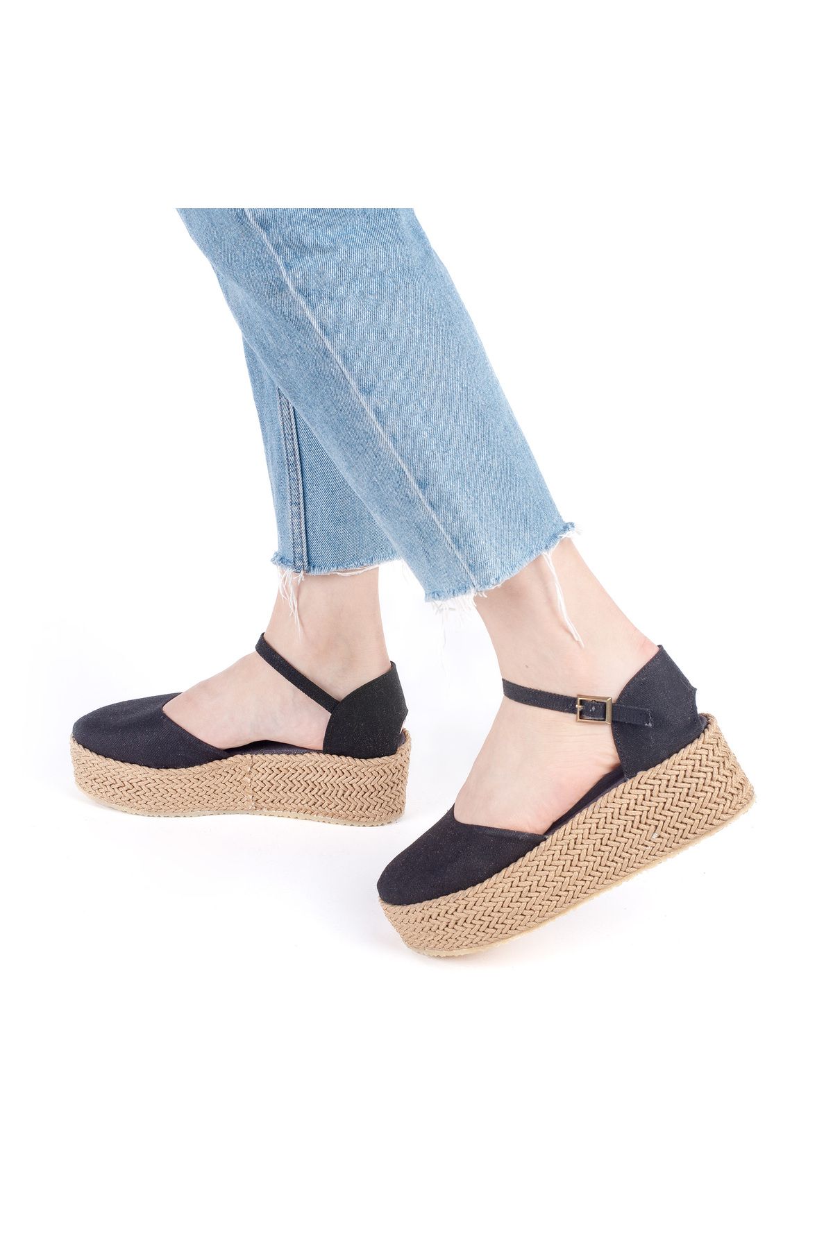 Star Tombis Gerçek Elişi Platformlu Poli Taban Espadril Dolgu Topuk Keten Espadril Handmade