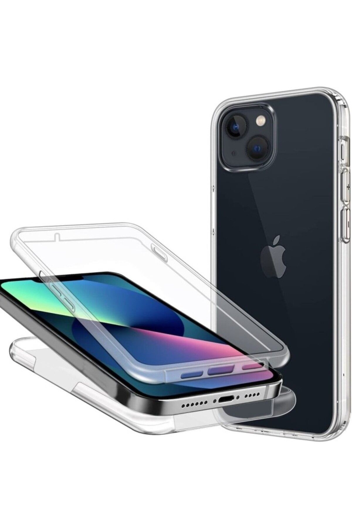 TezMax Apple iPhone 13 Mini Uyumlu 360° Ön Arka Tam Koruyucu Şeffaf Silikon Full Body Kılıf