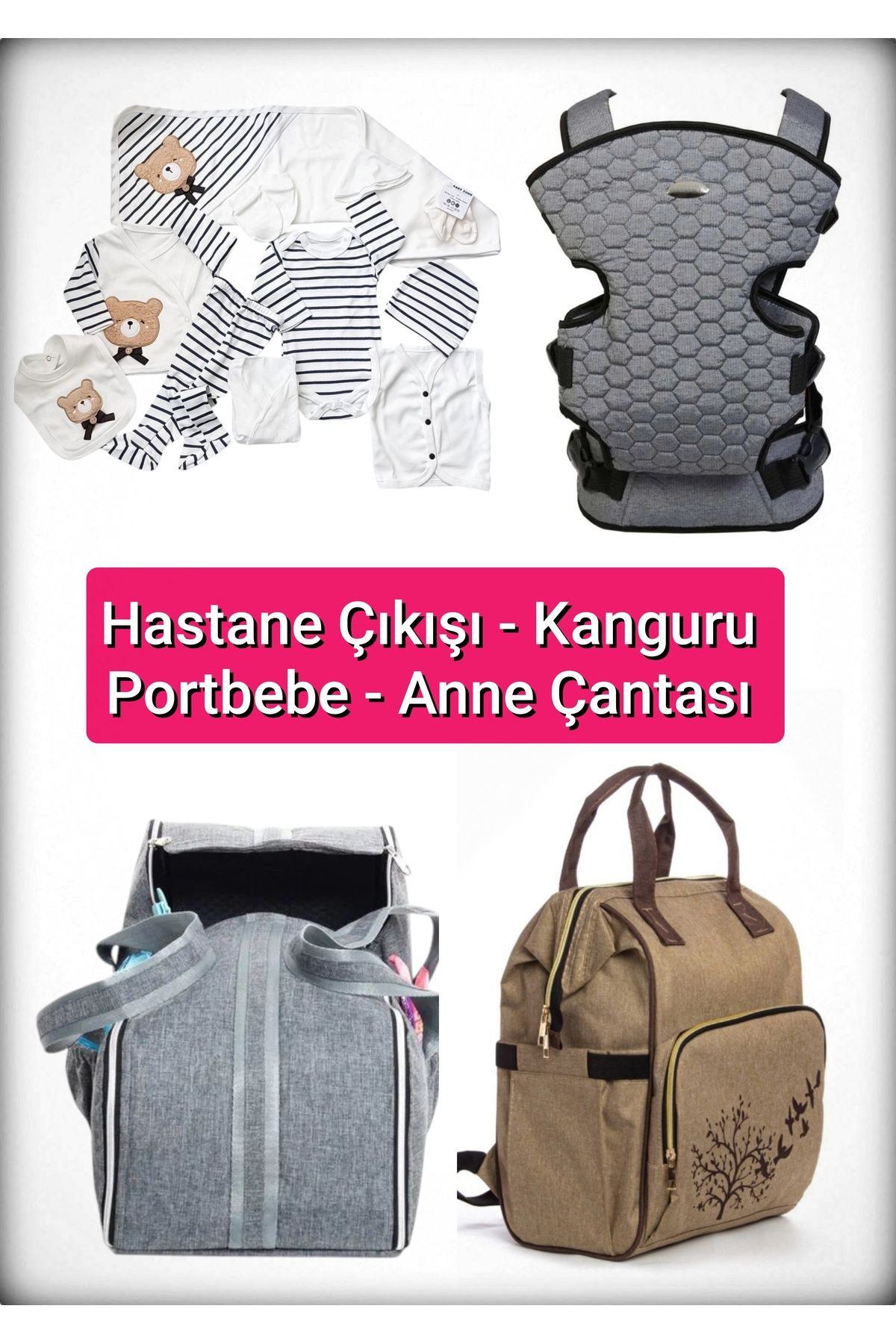BABY ZUHU 4 Lü Doğum Seti 11 Parça Hastane Çıkışlı Portbebeli Kangurulu ve Anne Bebek Bakım Çantalı