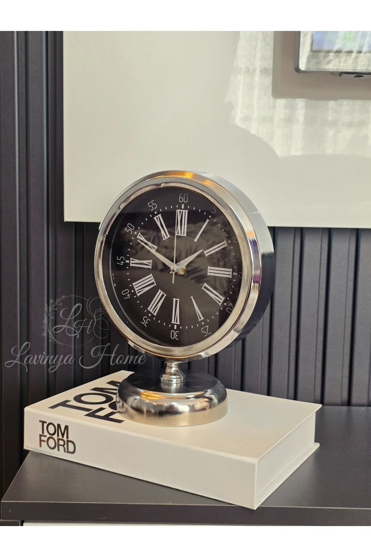 Platin Saat 25x20 Cm Gümüş Metal Lüks Masa Saati