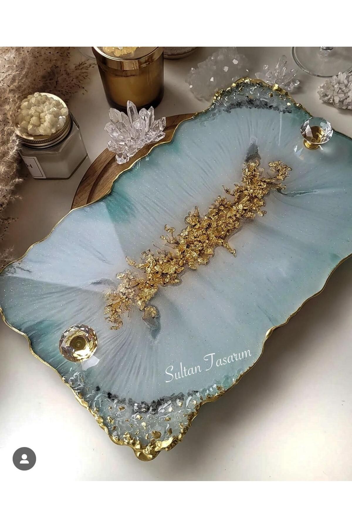 Sultan Tasarım Altın Varaklı Dikdörtgen Dalgalı Desenli Iki Kişilik Söz Nişan Damat Sunum Epoksi Tepsisi 18x28 Cm