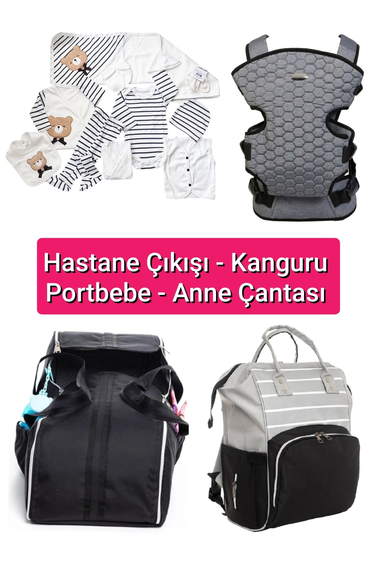 BABY ZUHU 4 Lü Doğum Seti 11 Parça Hastane Çıkışlı Portbebeli Kangurulu ve Anne Bebek Bakım Çantalı