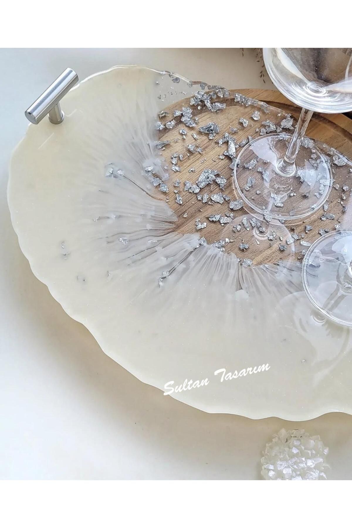 Sultan Tasarım Altın Varaklı Dikdörtgen Dalgalı Desenli Iki Kişilik Söz Nişan Damat Sunum Epoksi Tepsisi 18x28 Cm
