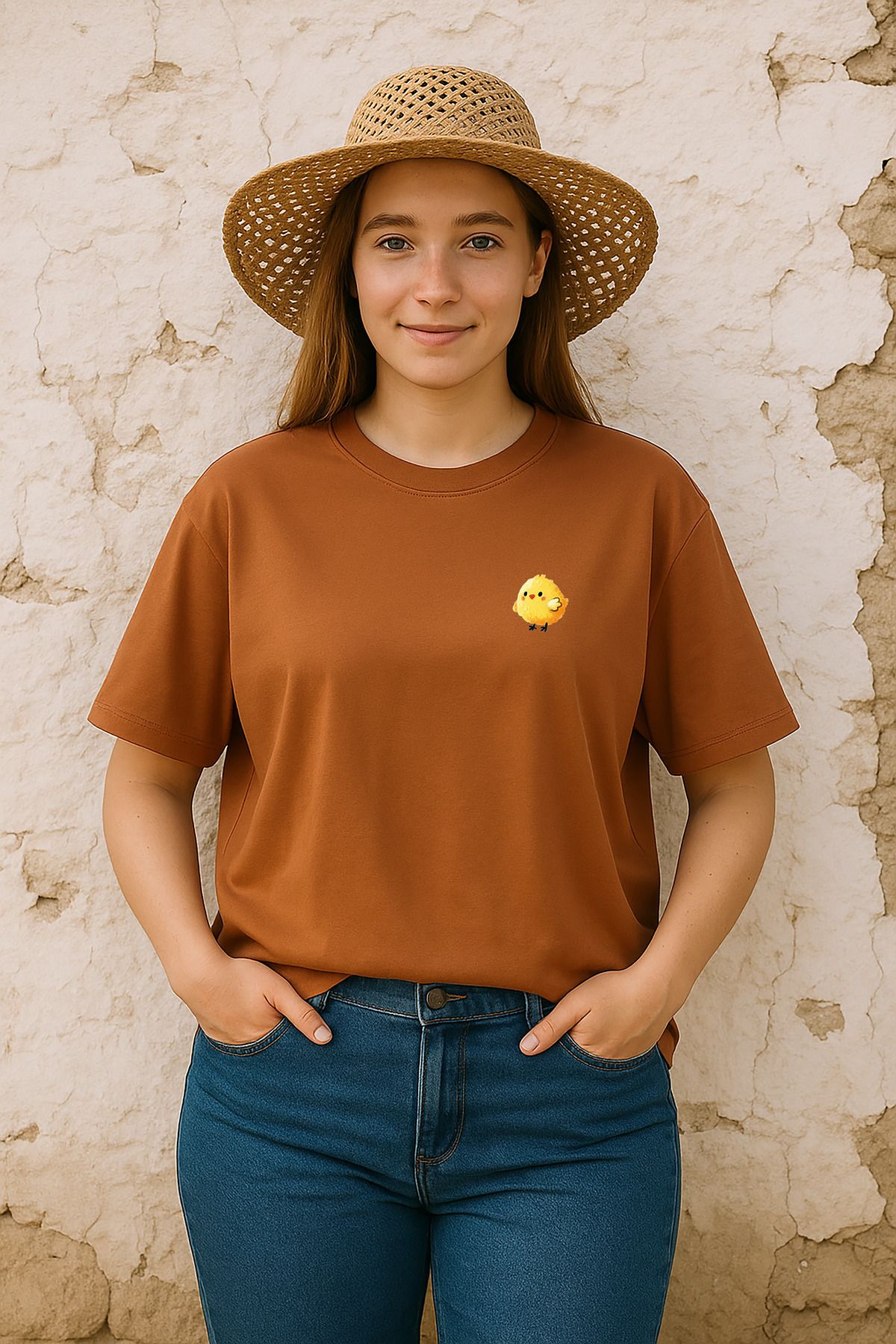wolka Civciv Baskılı Unisex %100 Pamuk Oversize Bisiklet Yaka Kahverengi T-shirt
