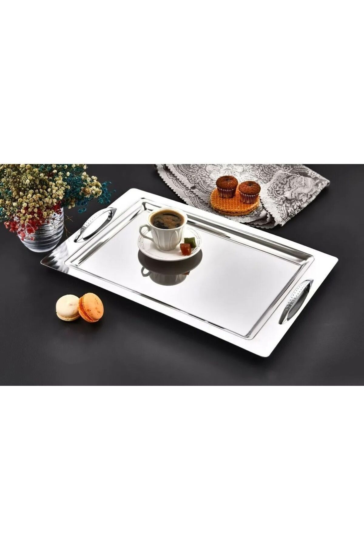 Becenhouse Paslanmaz Çelik Çay Kahve Sunum Servis Tepsisi Aslan 42*28 cm