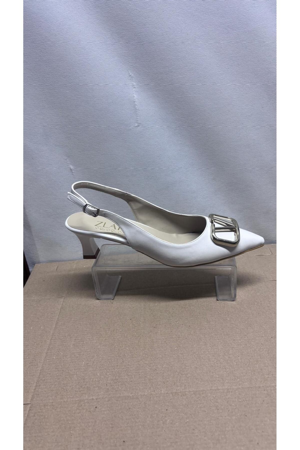Zlato Kadın V Tokalı Topuklu Ayakkabı Beyaz Arkası Açık Stiletto Günlük ve Özel Günler