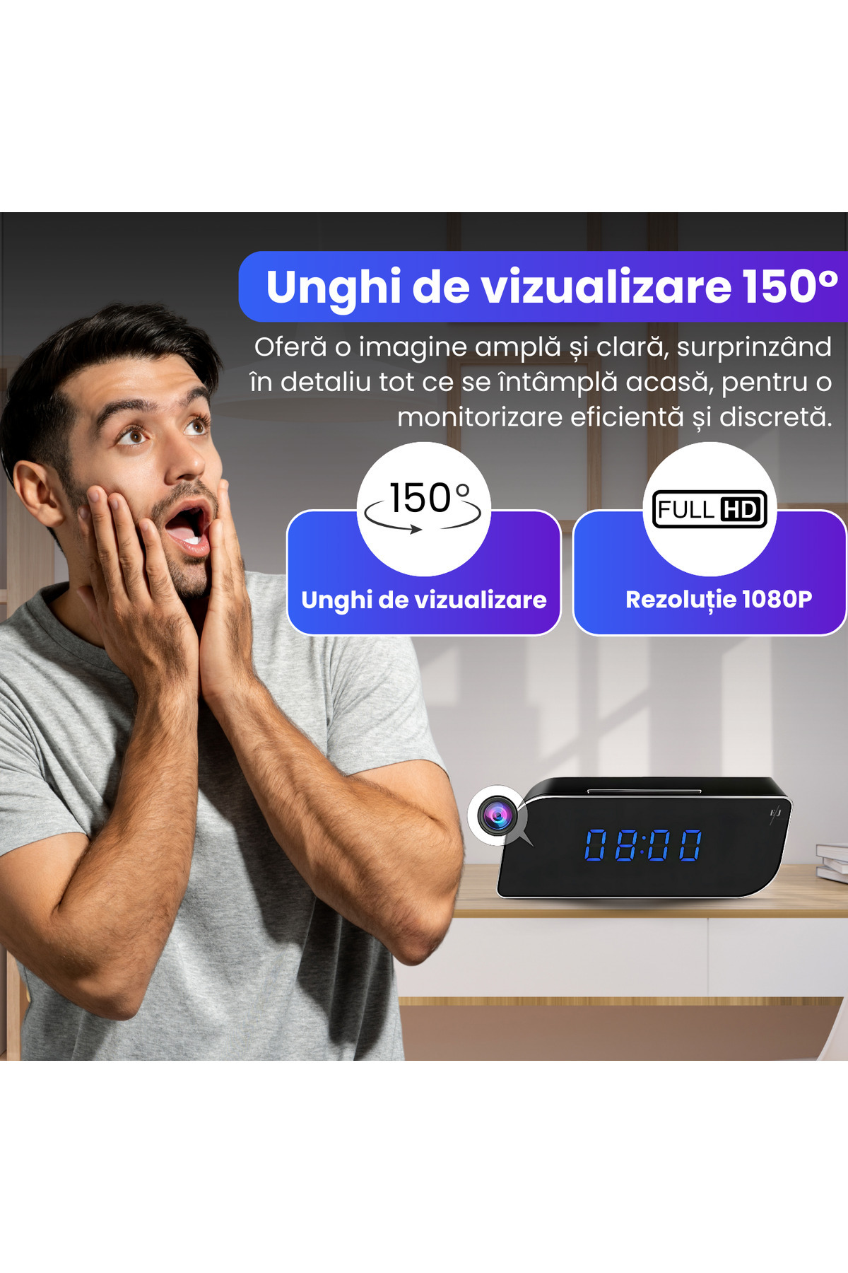 Spionescu-Clock with hidden video camera – WiFi, Night Vision, 150° wide angle, motion sensor, FULL HD 7