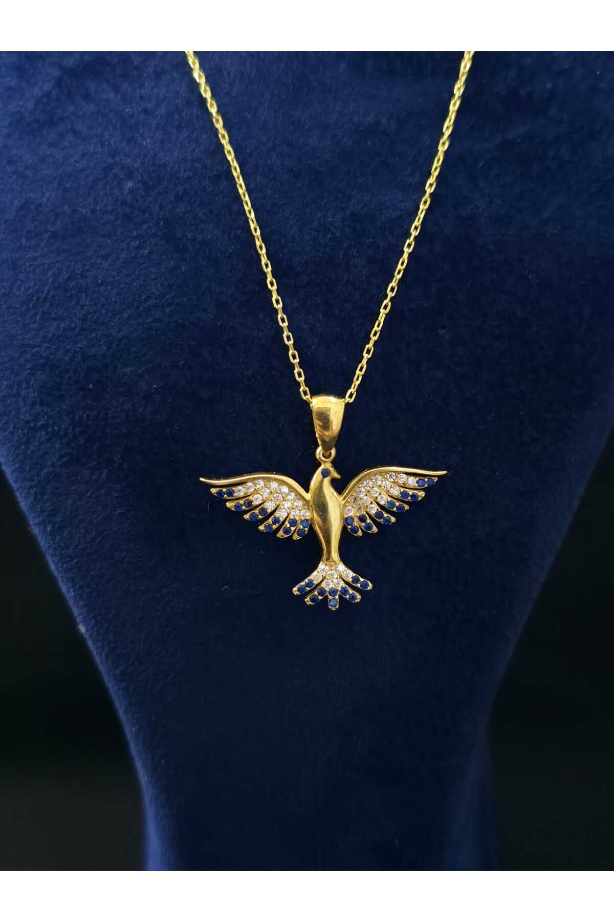 sarıyer silver Anka Kuşu Model Renkli Zirkon Taşlı İşlemeli Altın Sarı Renk Kaplama 925 Ayar Gümüş Kolye