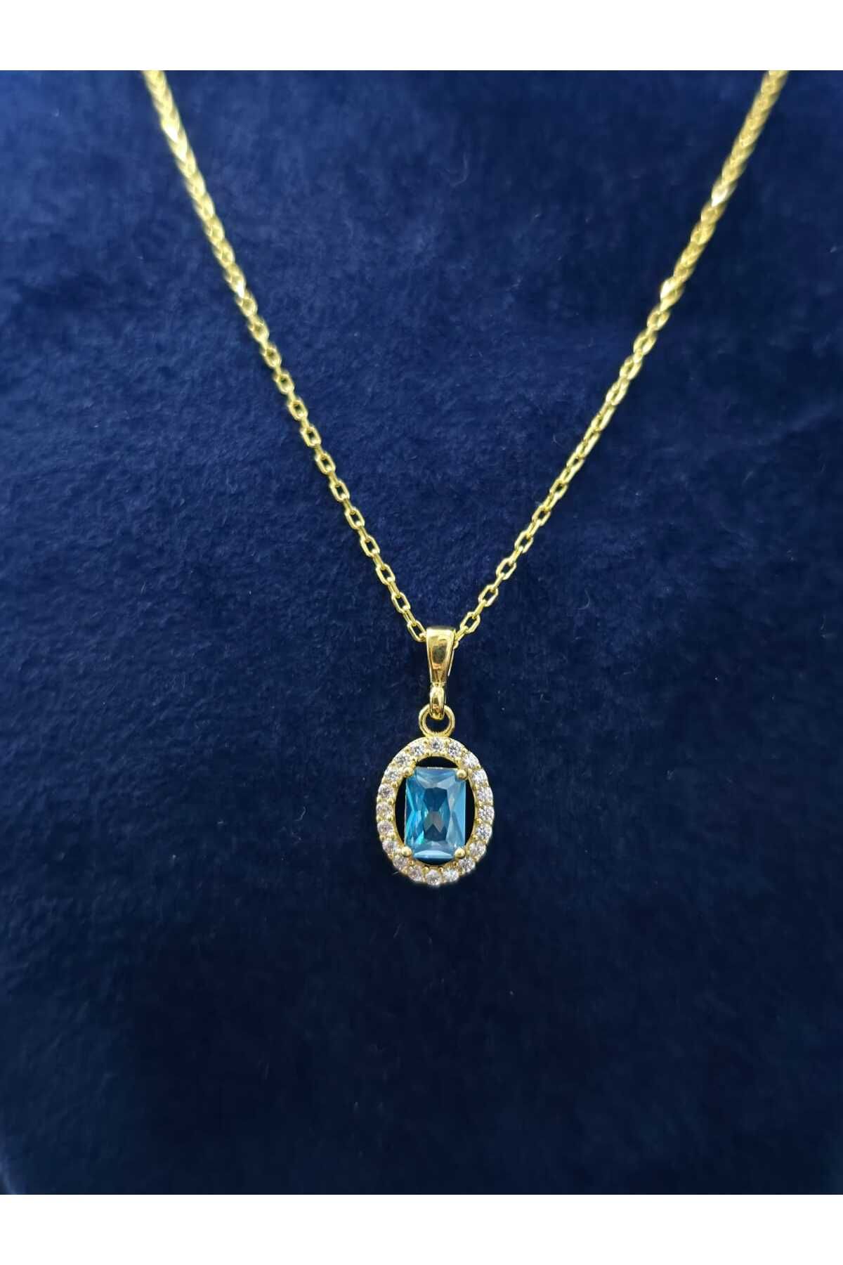 sarıyer silver Akuamarin Doğal Taşlı Altın Kaplama Sarı Renkli Zirkon Taş İşlemeli Aquamarine 925 Ayar Gümüş Kolye