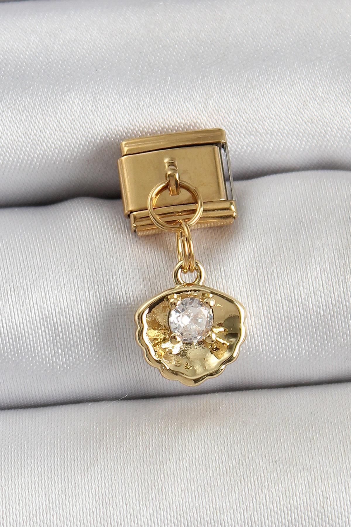 Celira Çelik Sallantılı Zirkon Taşlı İstiridye Model Gold Renk Nomination Charm